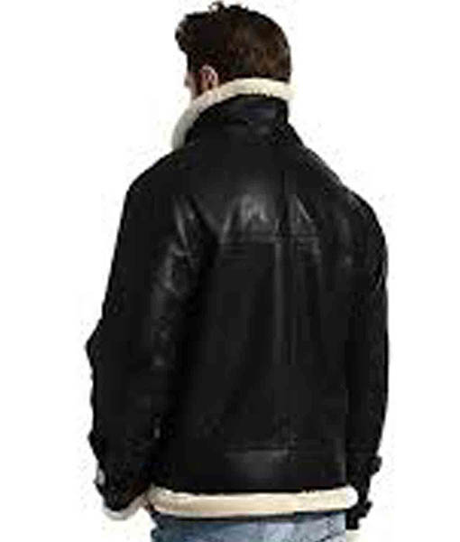 Men’s B3 Black Leather Bomber Shearling Jacket with Hoodie