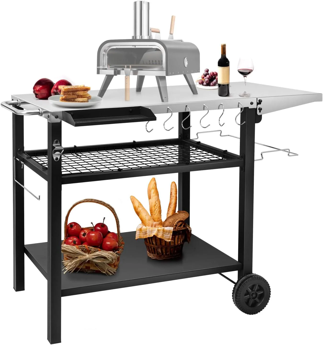 Outdoor Grill Cart Table Pizza Oven Stand, Stainless Steel Three Shelf Food Prep Table with Wheels