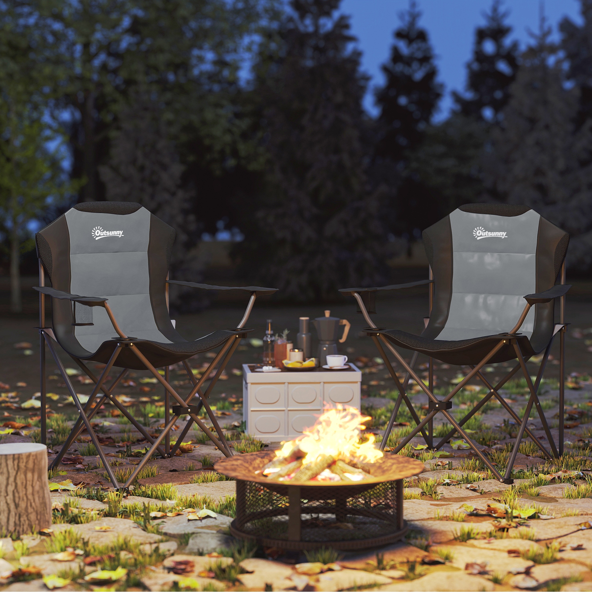 Outsunny Lot von 2 klappbaren Campingstühlen gepolstert mit hoher Rückenlehne und Getränkehalter, belastbar bis 120 kg, dunkelgrau