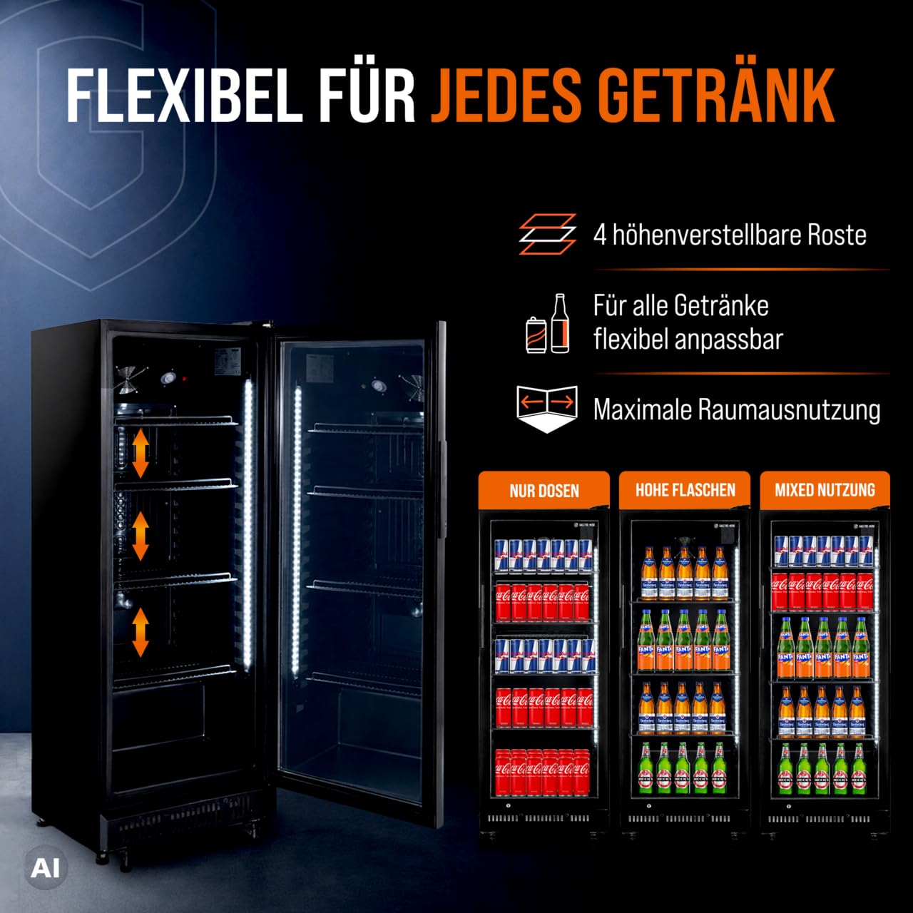 Getränkekühlschrank 230 L, schwarz, mit Glastür abschließbar und 4 verstellbaren Rosten, 0-8 °C Umluftkühlung