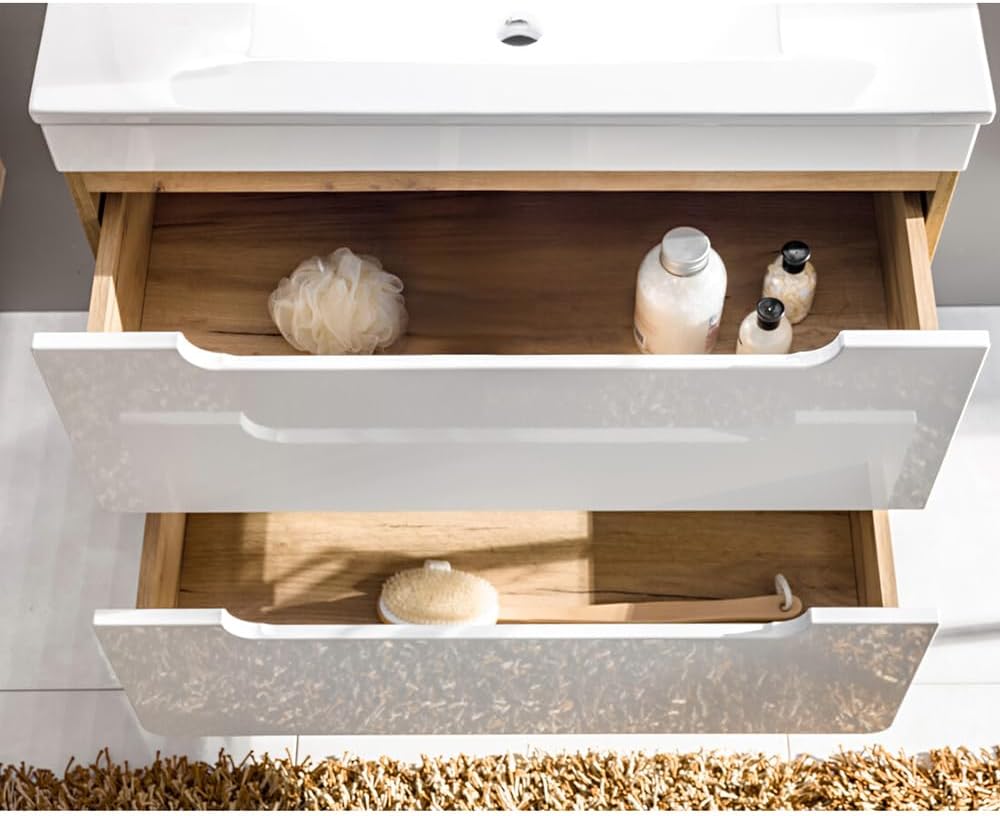 Lomadox Badmöbel Set in Hochglanz weiß mit Wotan Eiche Nb., Keramik-Waschtisch mit 81 cm Unterschrank, LED-Spiegelschrank, Hängeschränke, Hochschrank