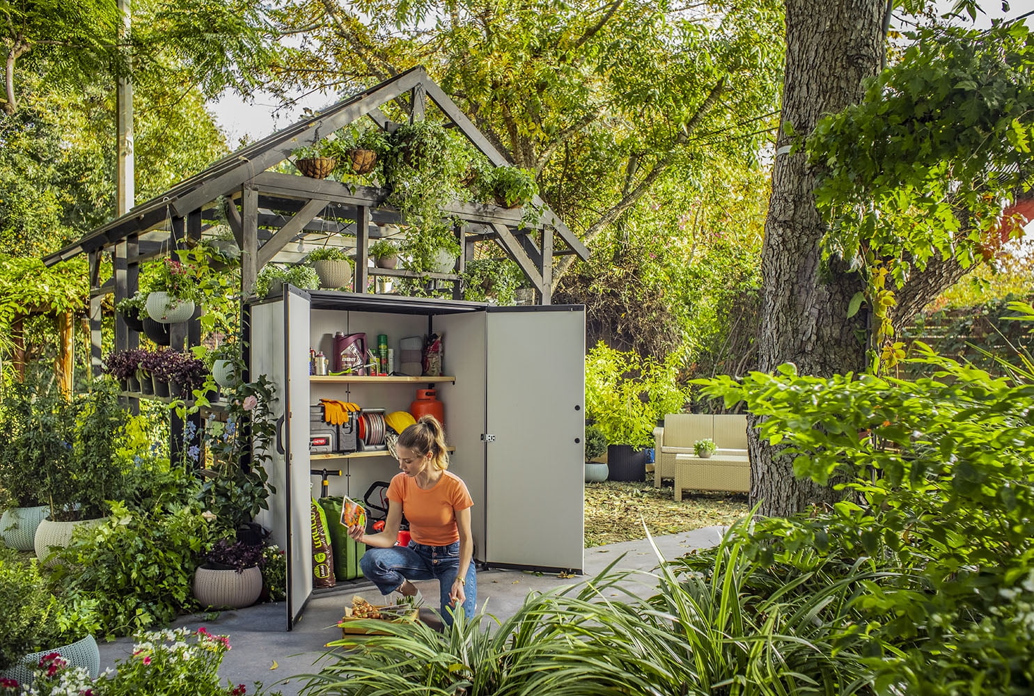Keter Premier Tall Vertical Durable Resin Outdoor Storage Shed With Floor and Locking Double Doors, Grey