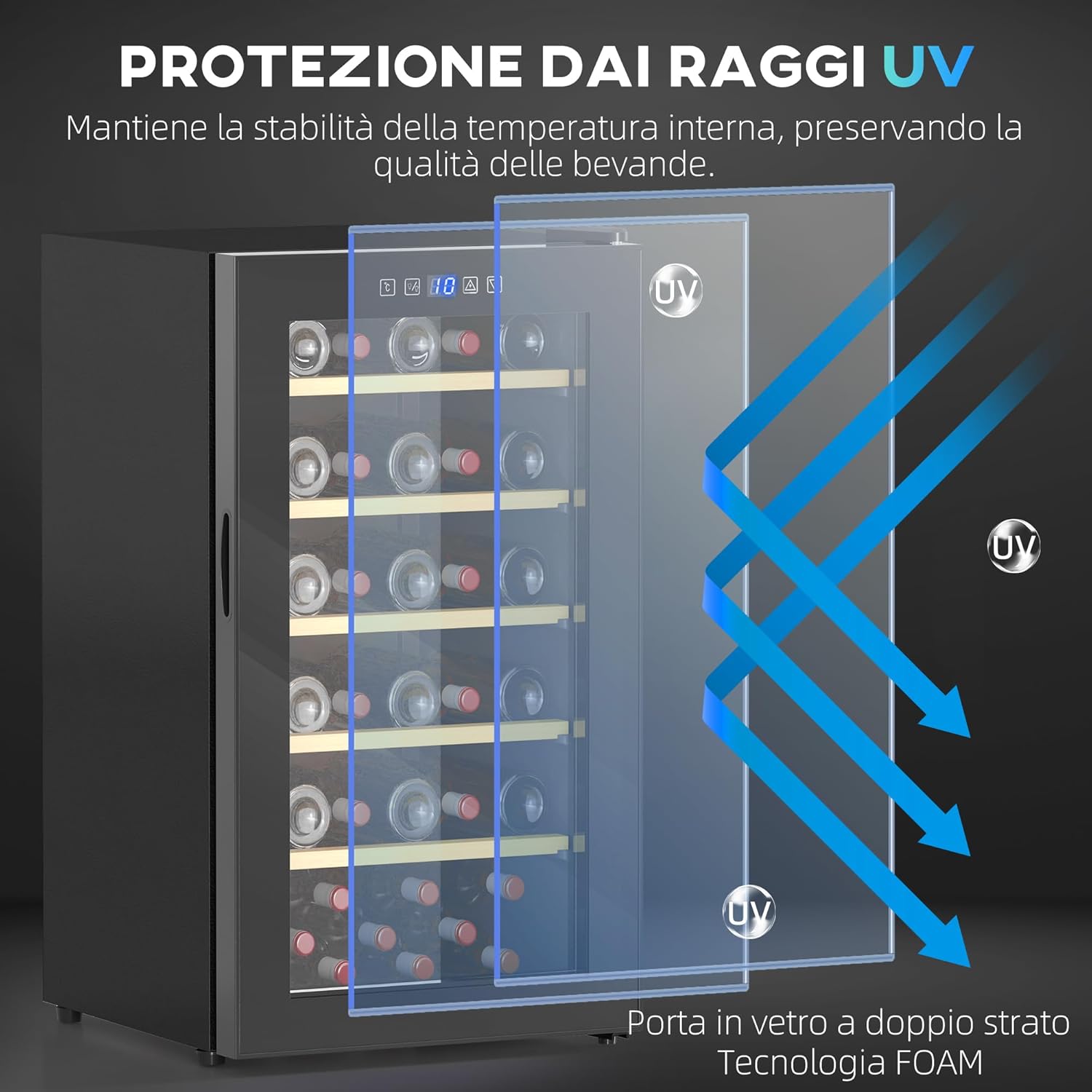 HOMCOM Cantinetta Vino Refrigerata 41 Bottiglie 91L Cantina Vino Silenziosa Temperatura Regolabile 5-20℃ Frigo Vino Bar con Vetro Anti UV, Ripiani, Compressore, Display Touch, Luci LED, Classe G, Nera