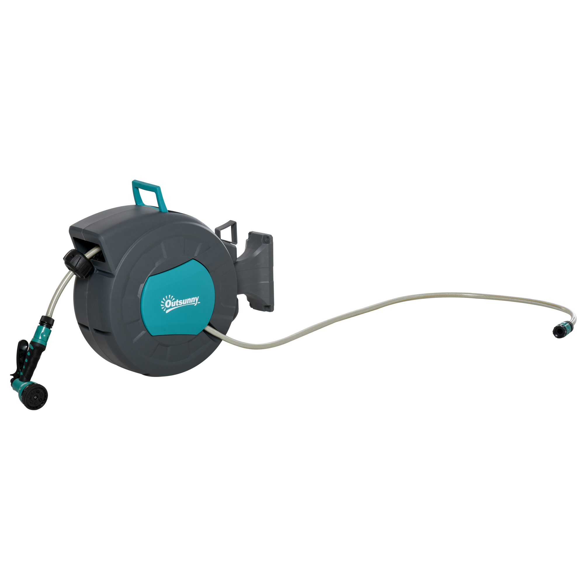 Outsunny Wandhaspel Automatischer Aufroller schwenkbar 180° Schlauch 15 + 1,4 m mit Sprühpistole Wandhalterung Türkis Grau