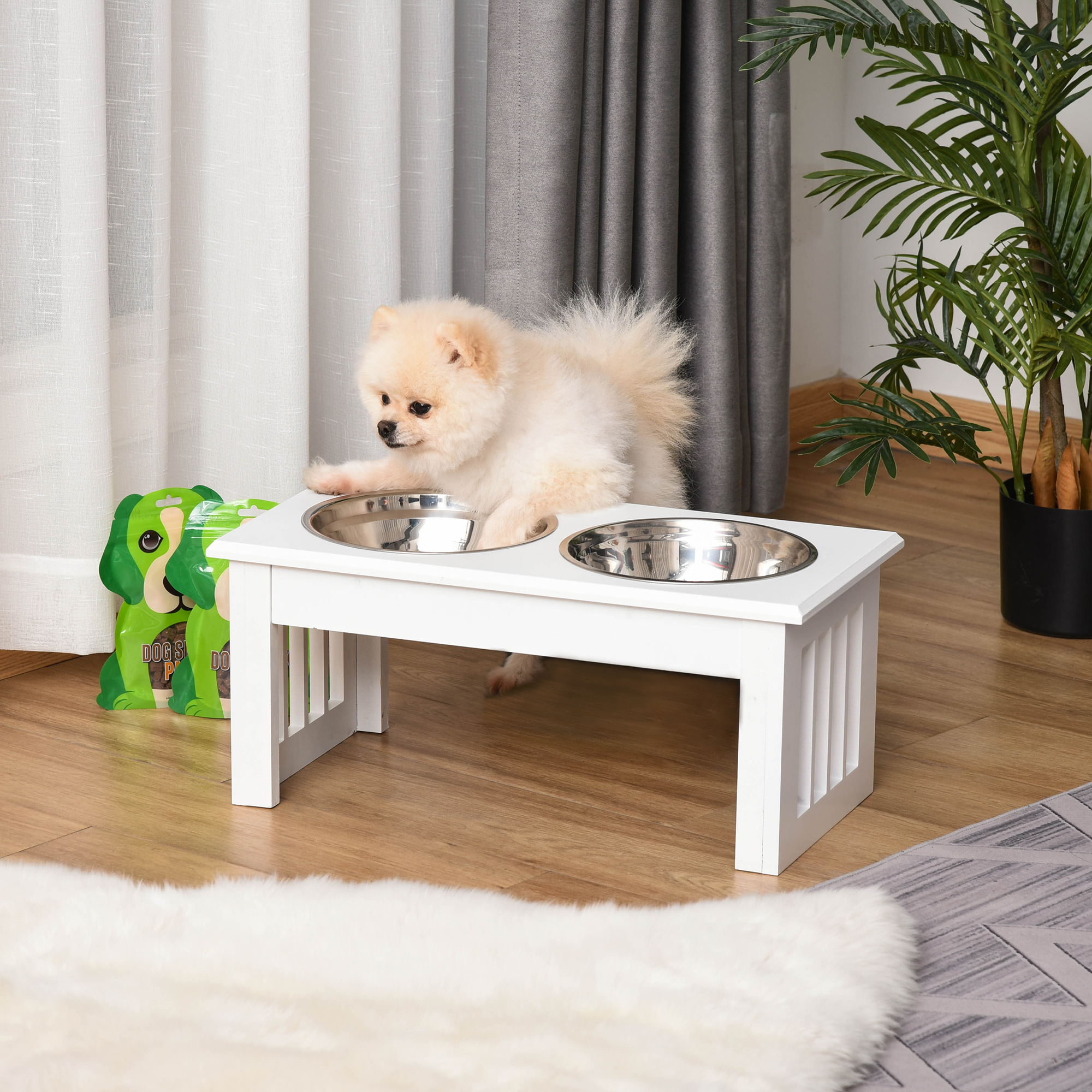 PawHut Erhöhter Futternapf für Hunde mit doppeltem Napf für Hunde und Katzen - Futternapfständer mit den Maßen 44L x 24B x 15H cm - 2 Näpfe aus Edelstahl mit 0,9L inklusive - weiß