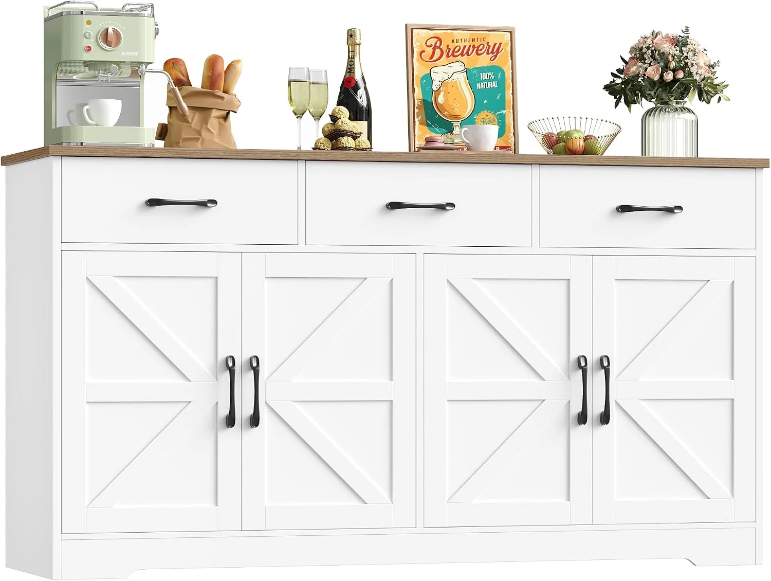 HOCSOK Sideboard, 150 cm, Braun, Breit Küchenschrank mit Arbeitsplatte, Weiß