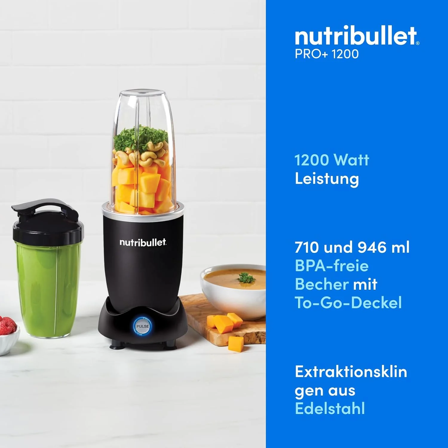 Nutribullet Pro 1200, elektrische blender, hakmolen, smoothieblender, multifunctionele blender, 1200w vermogen, 700ml en 900ml bekers, zwart, NB120MB