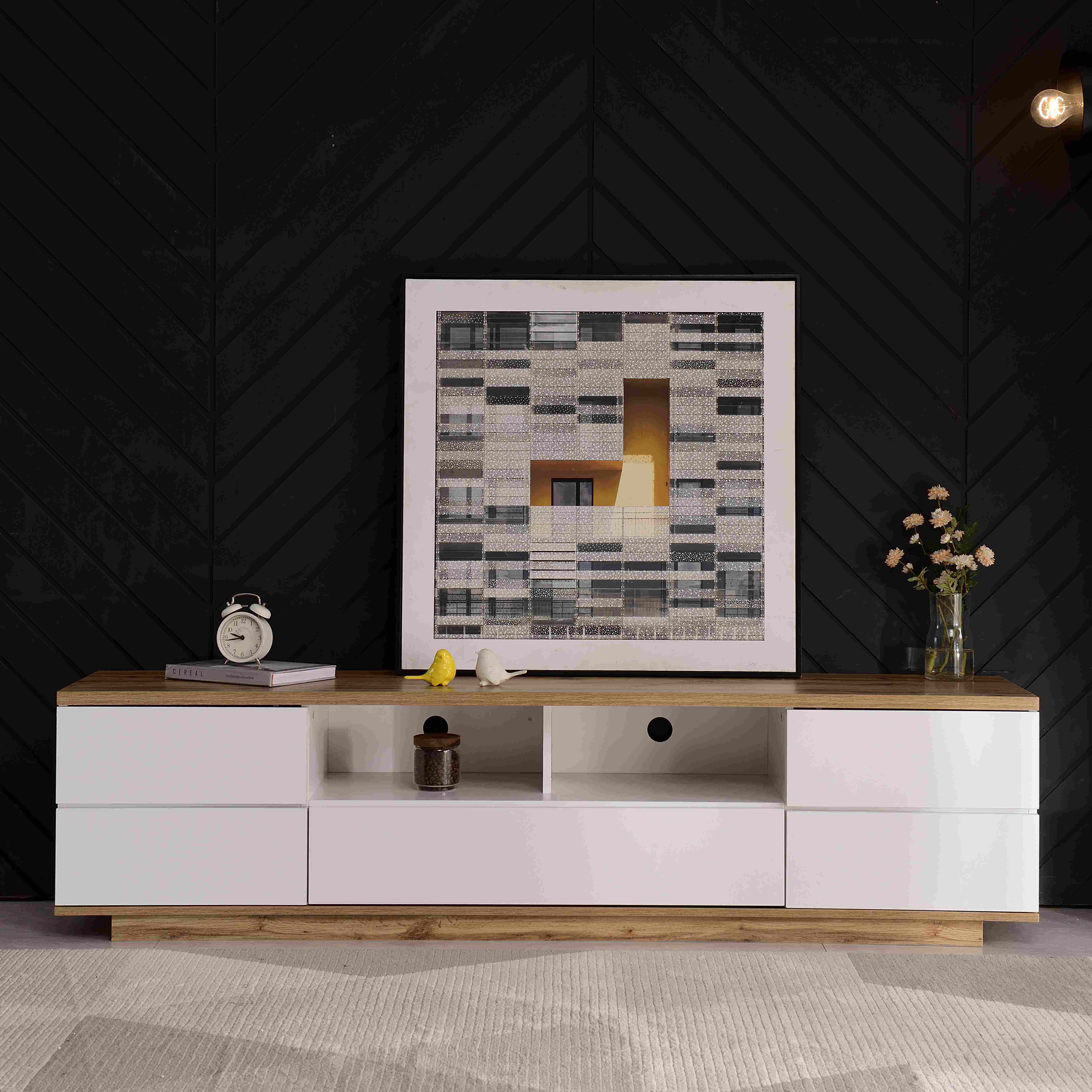 Moderner TV-Schrank mit Holzmaserung, Holzfarbe und Weiß