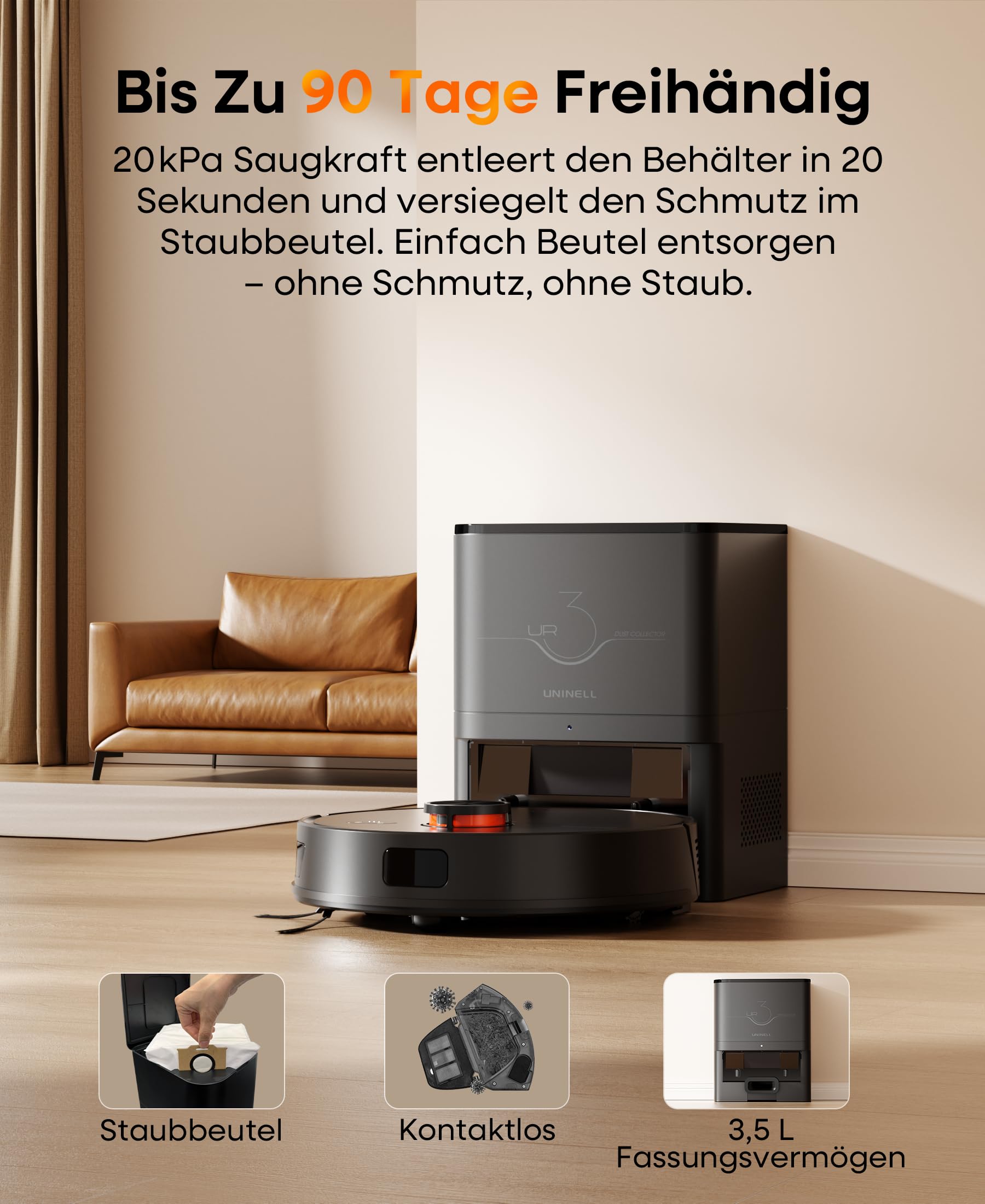 Saugroboter mit Wischfunktion und Absaugstation, 8000Pa, UR3, 3,5L Staubbehälter, 200 Minuten Laufzeit