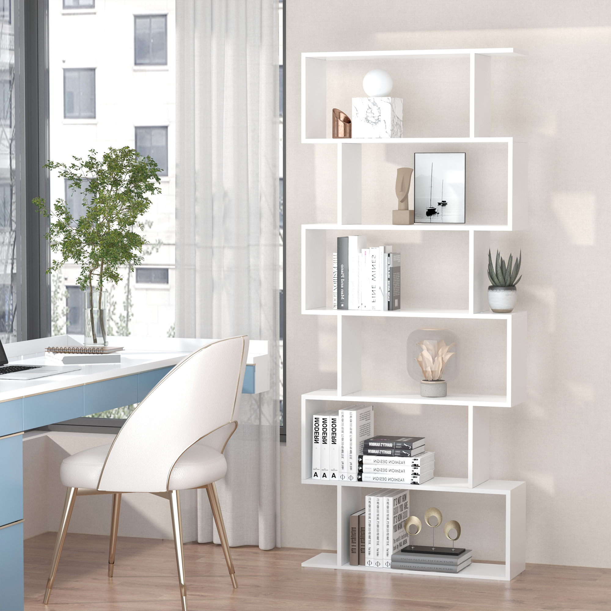 HOMCOM Bücherregal Wandregal Standregal Büroregal Raumteiler mit 6 Fächern Standregal Aktenregal Weiß L80 x B23 x H192 cm