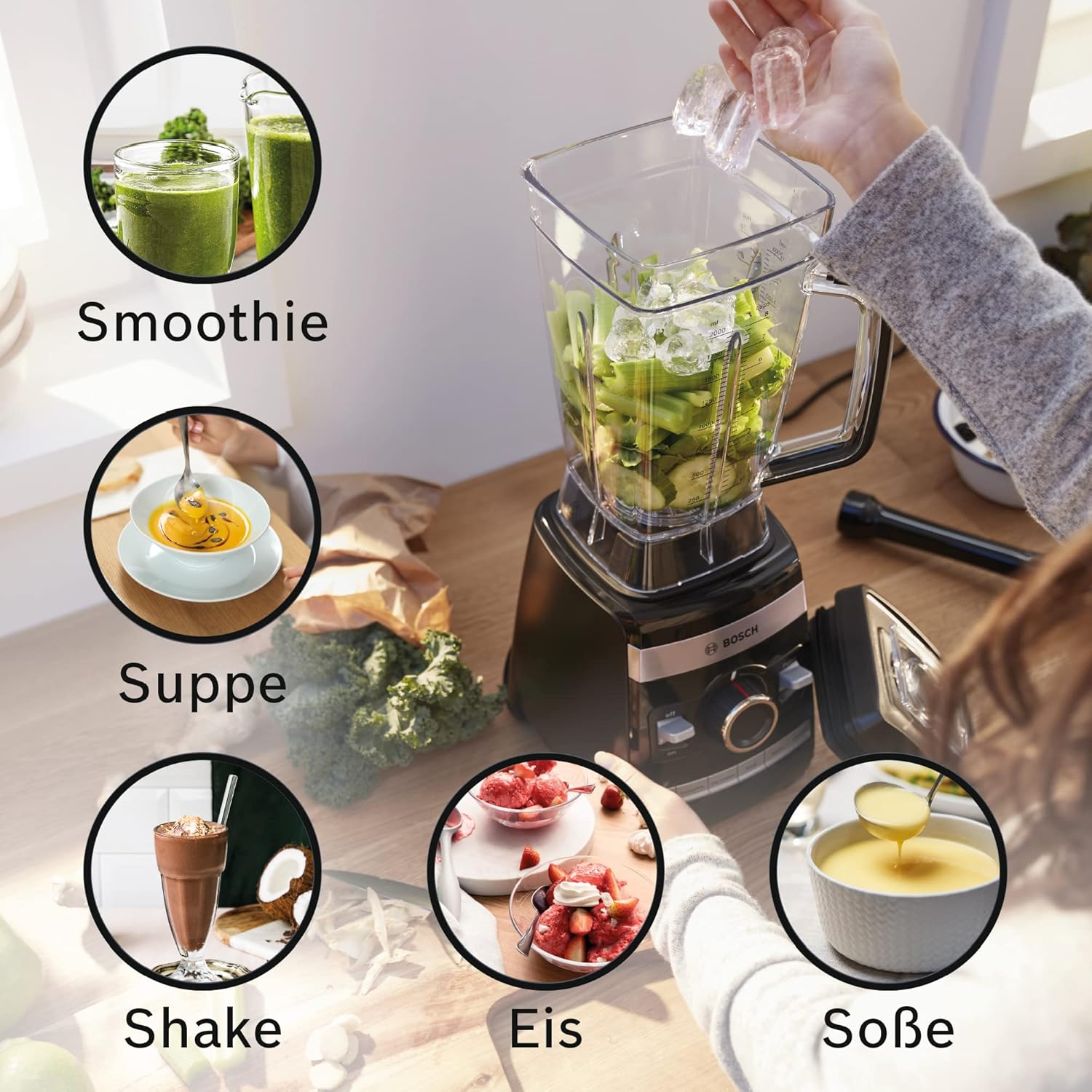 Bosch Standmixer VitaBoost MMBH6P6BDE, 6-Klingen-Edelstahlmesser, 2,5l Tritan-Mixbehlter, Stopfer, 6 Automatikprogramme, Rezeptbuch, BPA-frei, einfache Reinigung, 45,000 U/min, 1600 W, schwarz