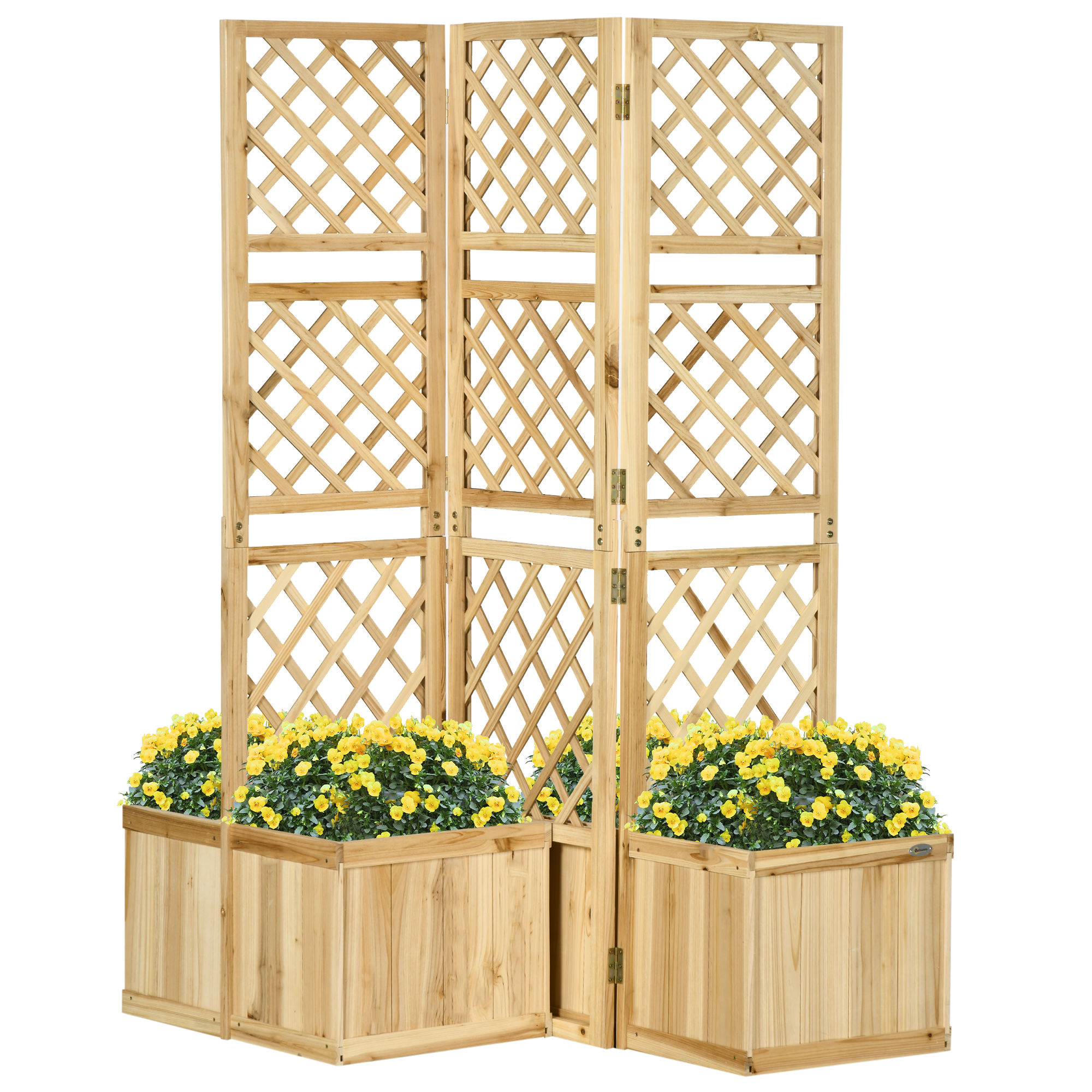 Outsunny Paravent, Sichtschutz für Garten, dreifach klappbar, 4 Blumenkästen, Massivholz, Naturfarbe, 133 x 62 x 165 cm