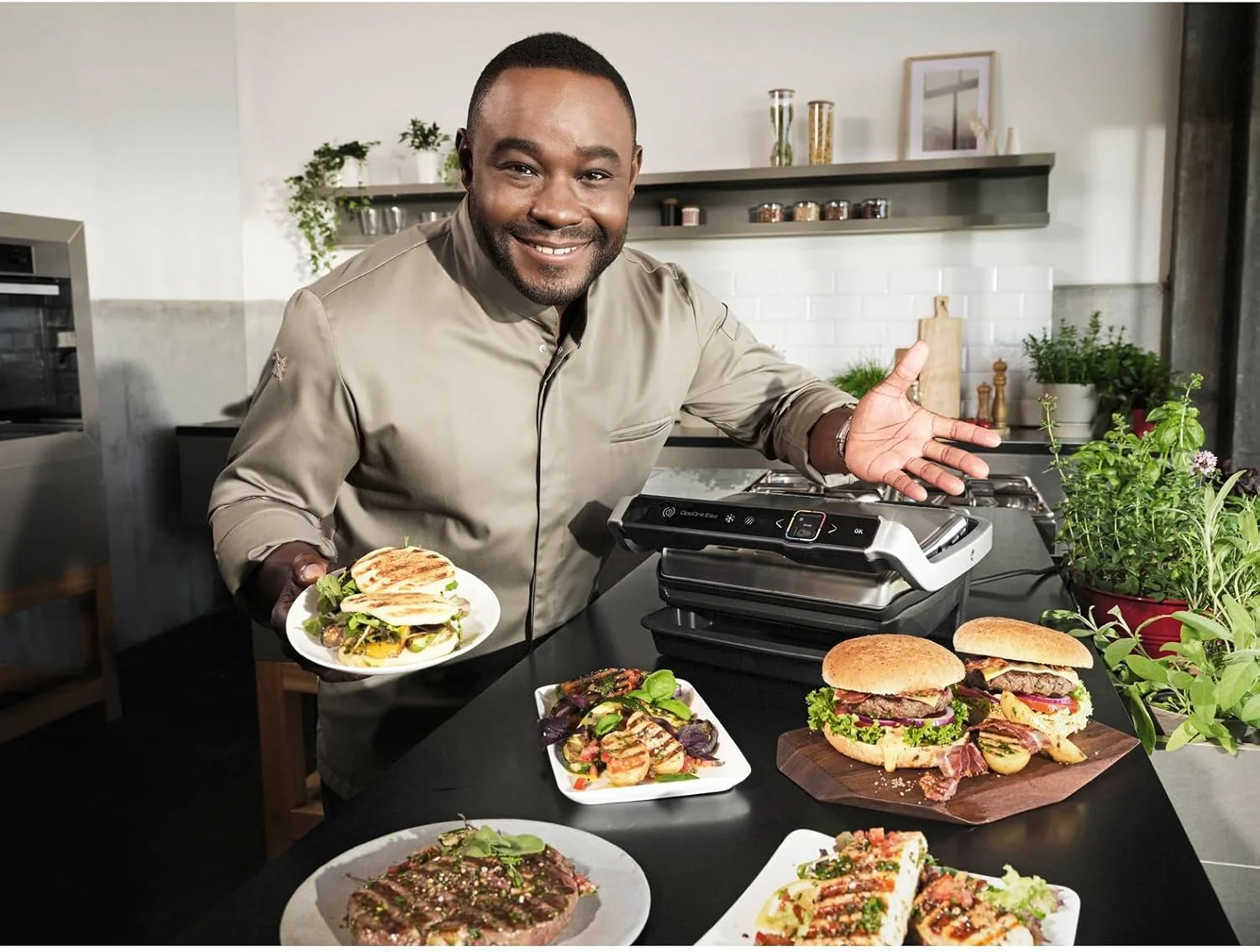 Tefal OptiGrill Elite contactgrill, 12 programma's, digitaal display met gaarheidsindicator, afneembare platen, elektrische grill, roestvrij staal, GC750D16