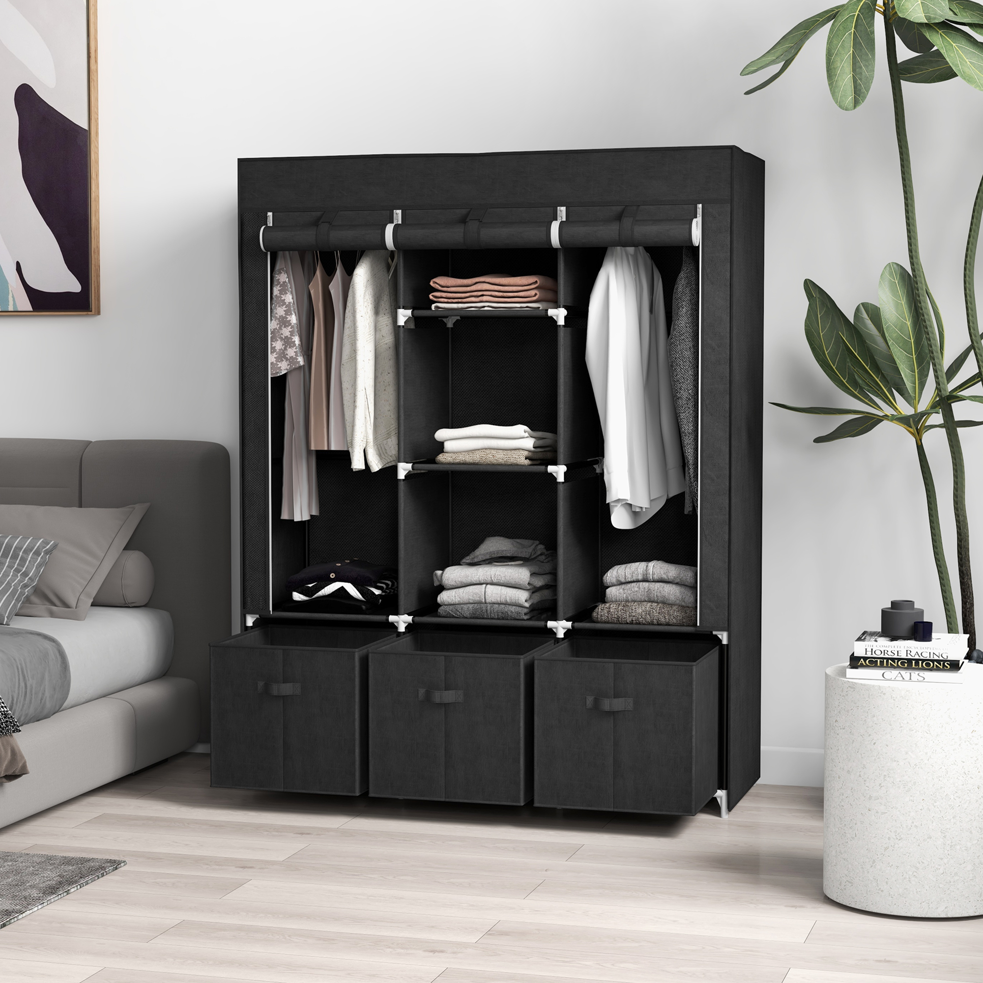 HOMCOM Stoffschrank aus Vlies, Faltschrank, inkl. 3 Schubladen, 125 cm x 43 cm x 162,5 cm, Schwarz