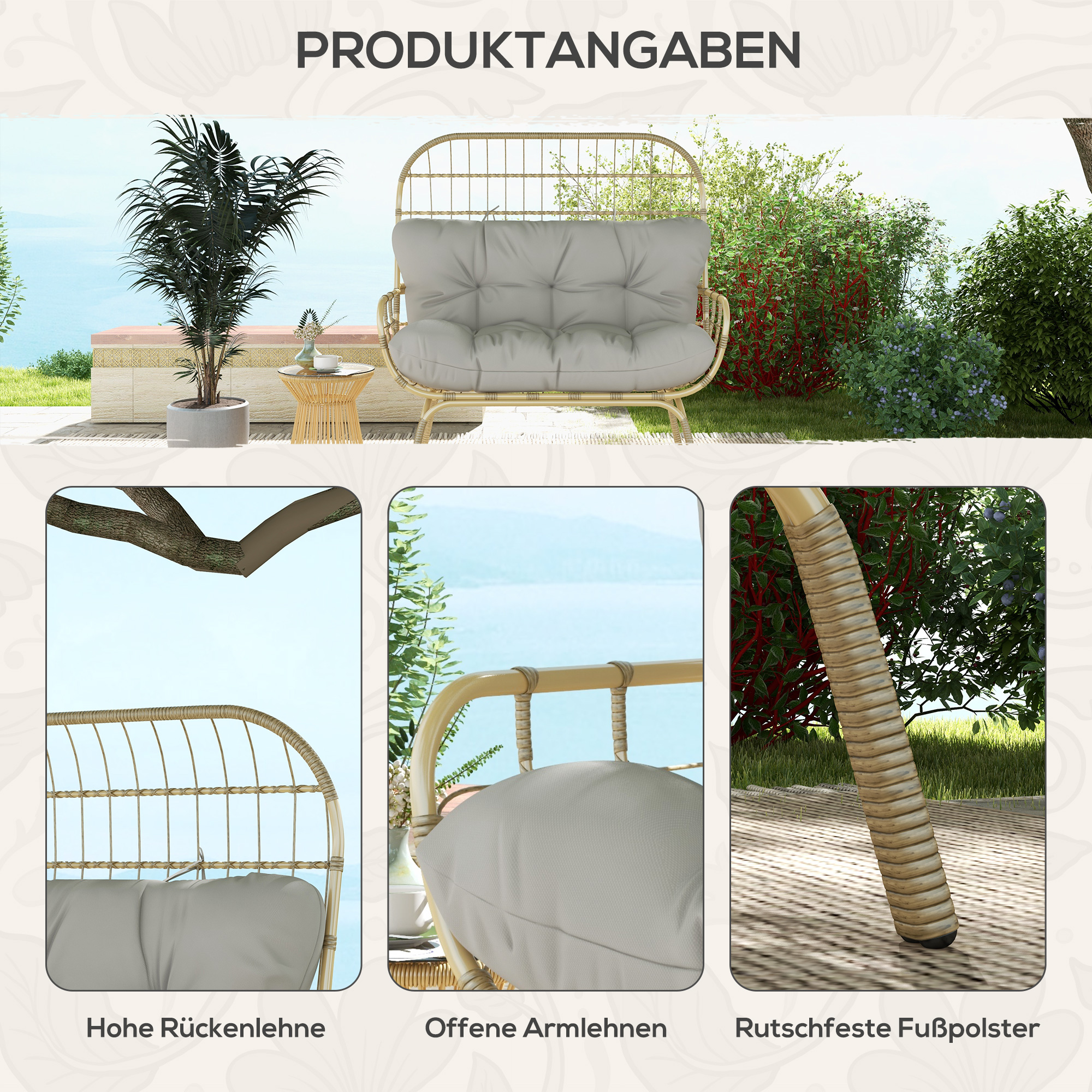 Rieten Tuinstoel, Weerbestendig, 126 cm x 72 cm x 126 cm, Natuur + Grijs