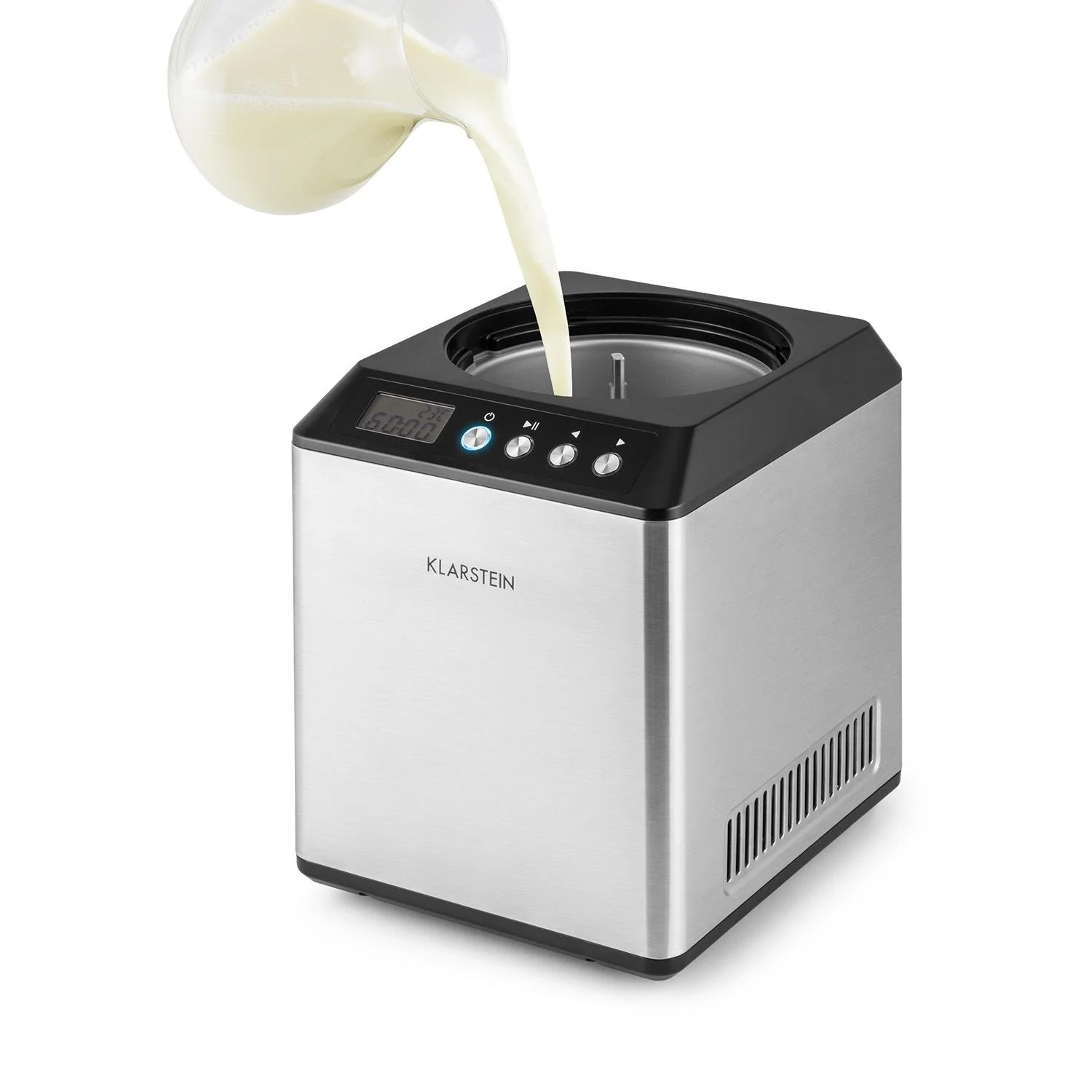 Klarstein Vanilla Sky - macchina per gelato, preparatore di gelato, gelatiera, funzione di mantenimento freddo, display LED, timer, acciaio inox, facile da pulire, 180 watt, capacità 2 litri, colore argento