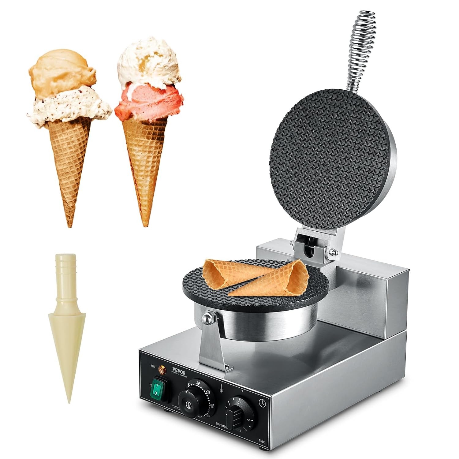 VEVOR Macchina per Coni Gelato Elettrica Commerciale, 1230 W, Stampo per Involtini Primavera in Acciaio Inox Antiaderente, con Controllo Temperatura Tempo, Maniglia, per Ristorante, Snack Bar