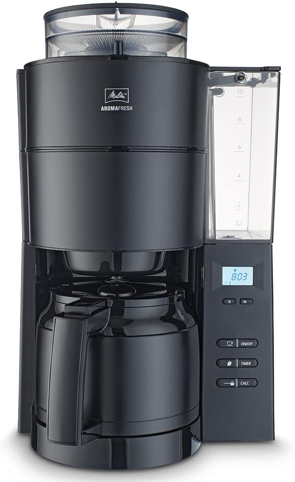 Melitta AromaFresh - Filterkaffeemaschine - mit Glaskanne - integriertes Mahlwerk - Timer Funktion - 10 Tassen - Pure Black