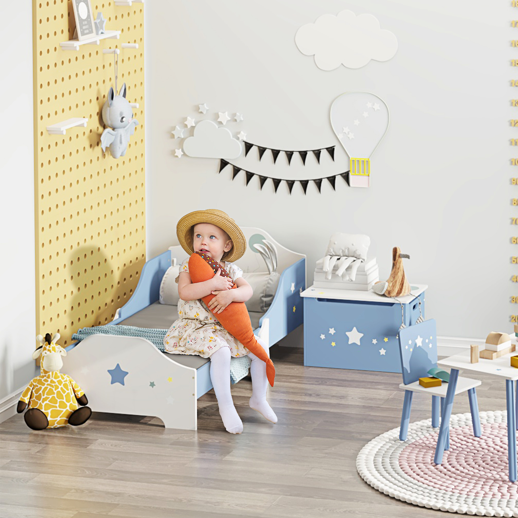 HOMCOM Kinderbett von 3 bis 6 Jahren Sternendesign Lattenrost inklusive modernes Kinderzimmer 143 x 74 x 59 cm blau weiß