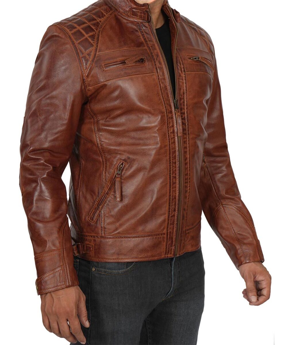 Mens Brown Cafe Racer Leather Jacket