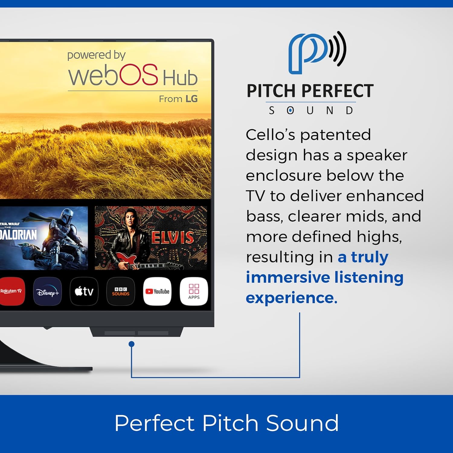 Cello C2224WS 12 Volt 22 Zoll Traveller Smart rahmenloser Fernseher Ultrafast WebOS, Pitch Perfect Lautsprecher Bluetooth, Netflix, Kleiner Fernseher für Wohnmobile und LKWs