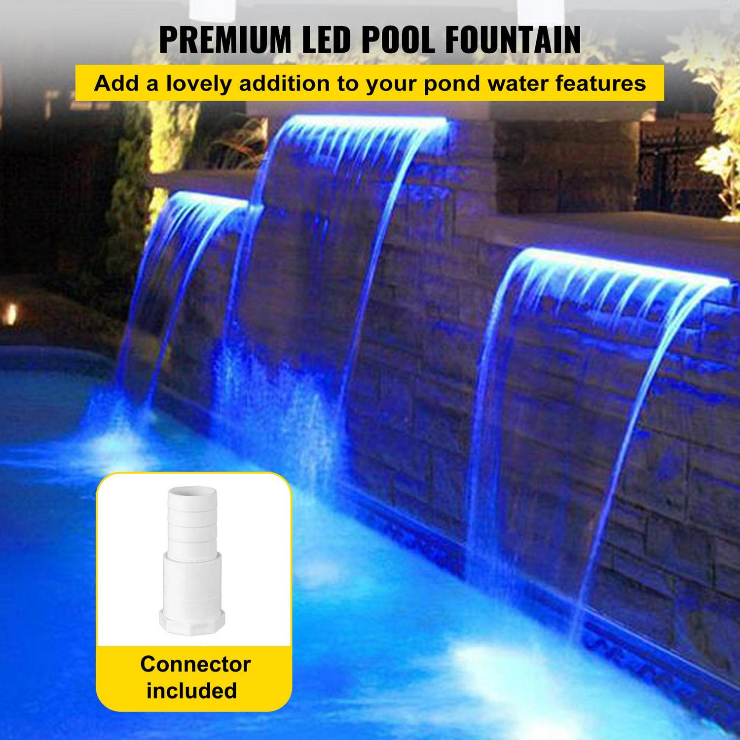 VEVOR Pool Waterfall Spillway with Blue LED, Stainless Steel & Acrylic, 11.8&prime;&prime;x3.2&prime;&prime;x8.1&prime;&prime;, for Garden Pond & Swimming Pool