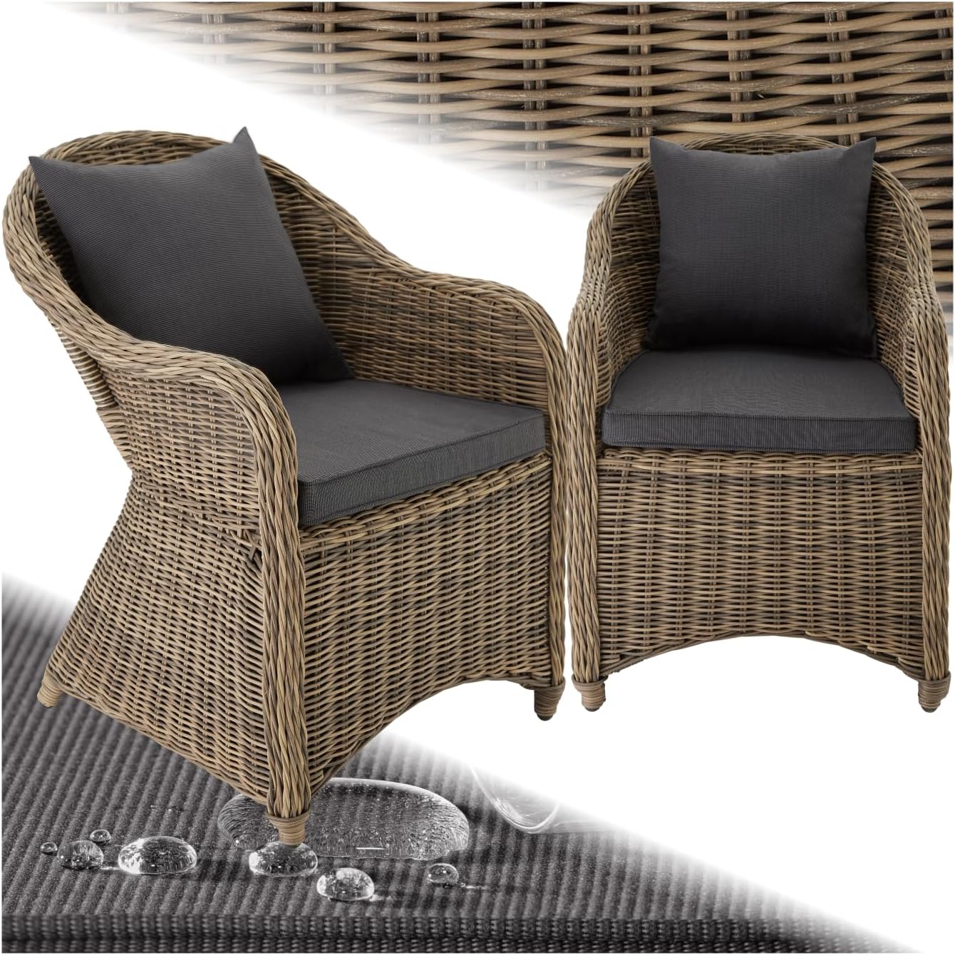 tectake® Alu Polyrattan Gartenstuhl 2er Set, Gartenmöbel Set mit 2 Sessel, wetterfest, Rattan Gartensessel mit weichen Sitzpolster, abziehbarer und waschbarer Bezug, stabil und bodenschonend - Natur
