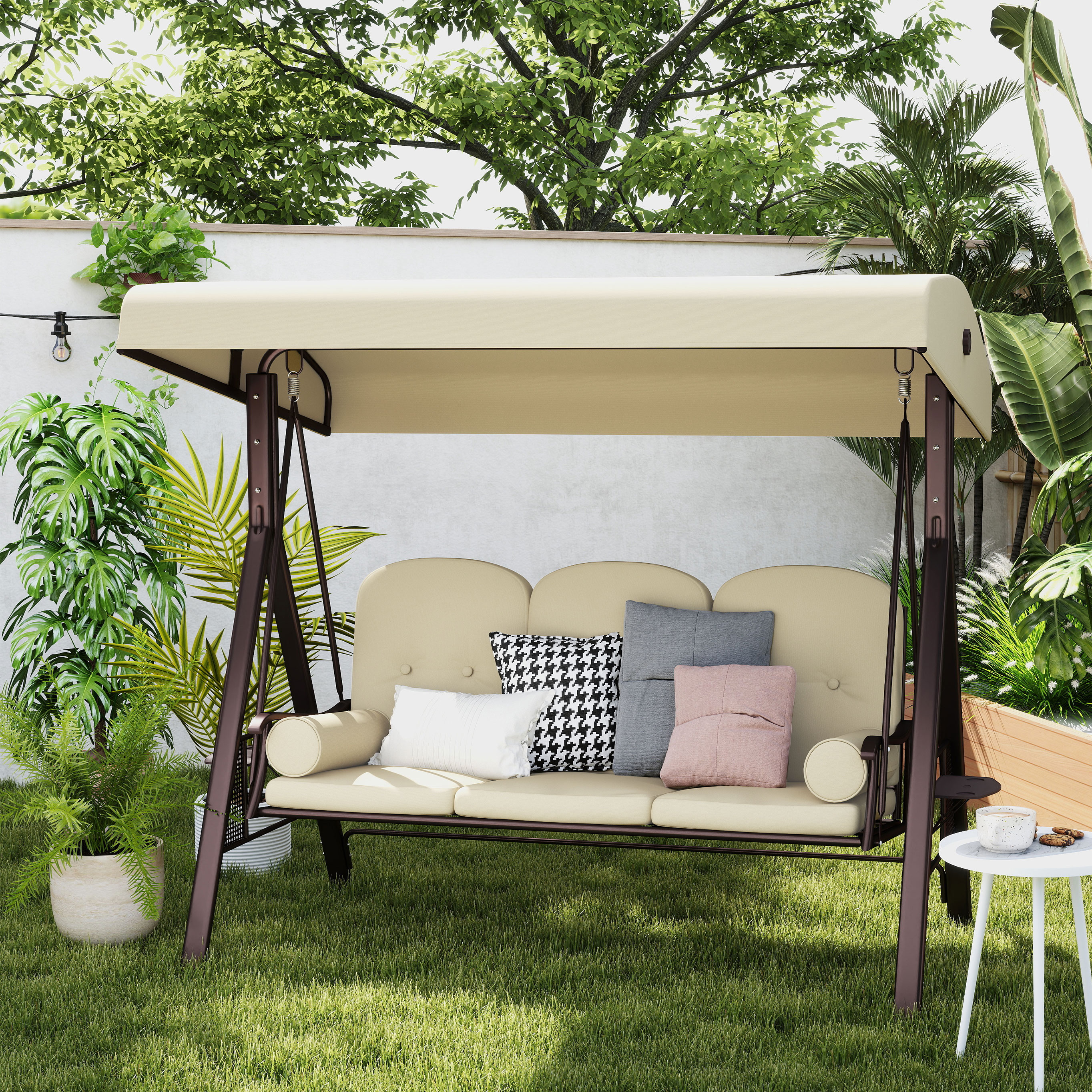 Outsunny 3-Sitzer Hollywoodschaukel Gartenschaukel mit Sonnendach Kissen Metall Polyester Khaki 116 x 206 x 183 cm