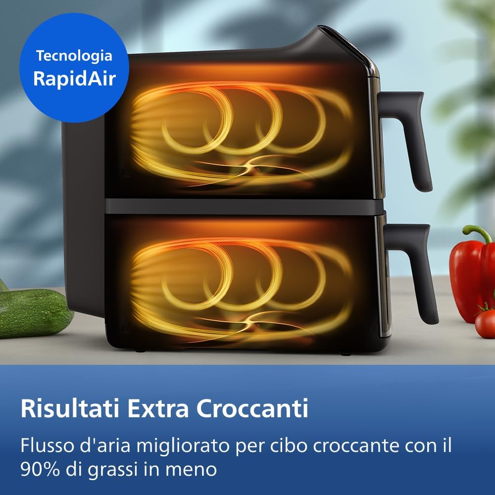 Philips Airfryer Serie 4000, Friggitrice ad Aria Doppio cestello Verticale da 10L, Tecnologia RapidAir, Funzione Sync, Rivestimento in ceramica no PFAS, Finestre, 45% più piccola (NA460/00)