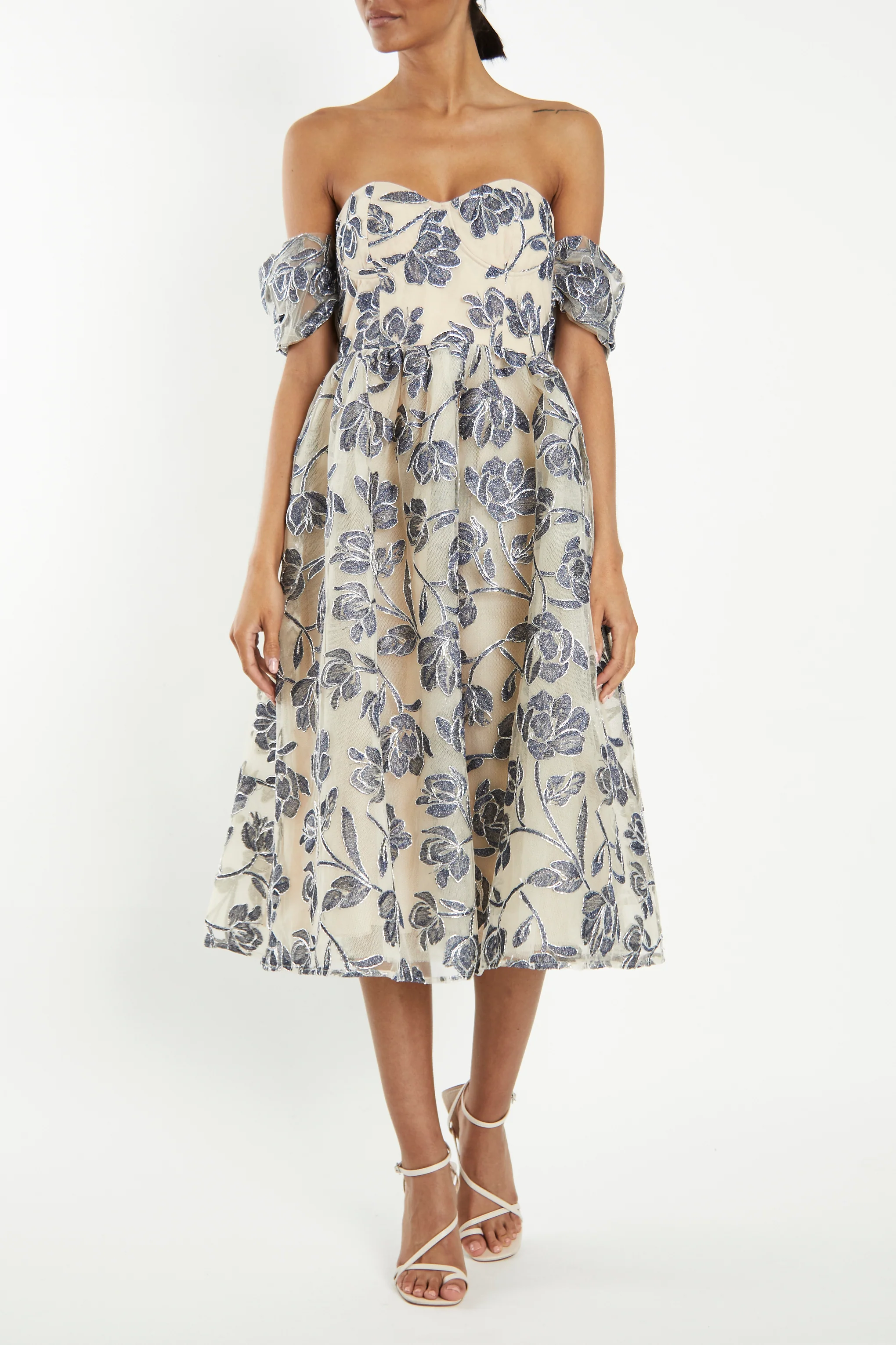 Amelia Blue Embroidery Bardot Skater Dress