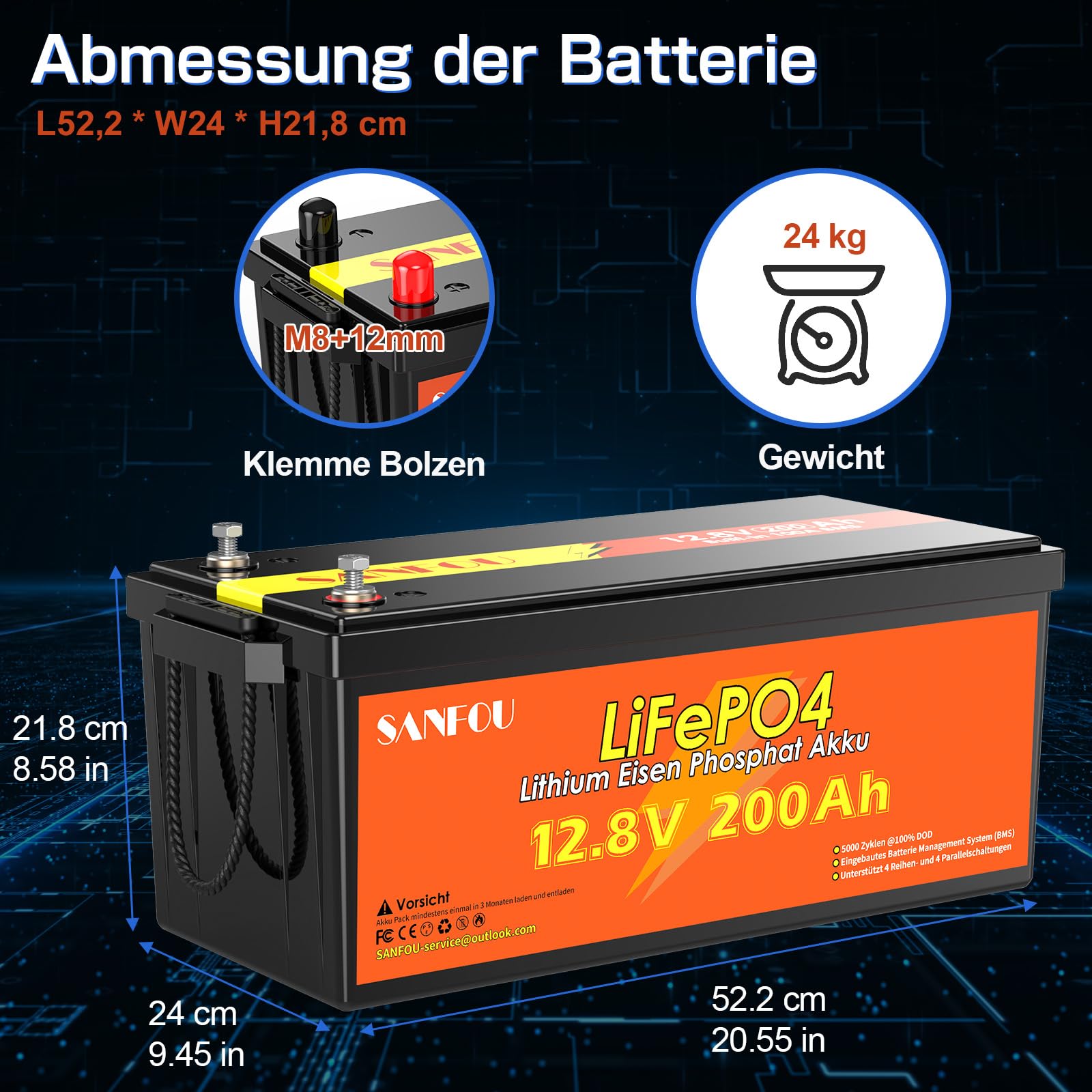 LiFePO4 Batterie 12V 200Ah mit 100A BMS, 2560Wh Lithium Akku für Wohnmobil und Camping