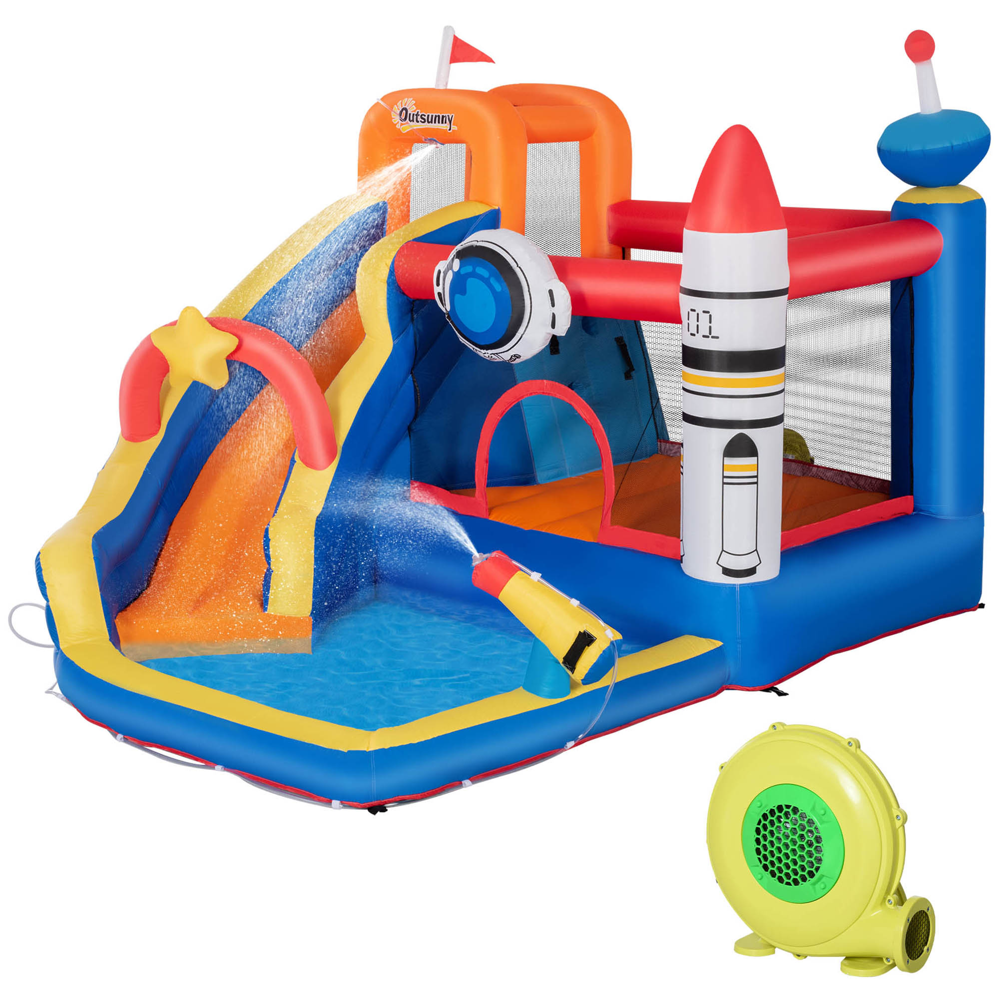 Outsunny Aufblasbares Spielzeug für Kinder 3-8 Jahre mit Weltraumthema inklusive Tragetasche, 11 Pfähle und Patches, 340x270x227 cm