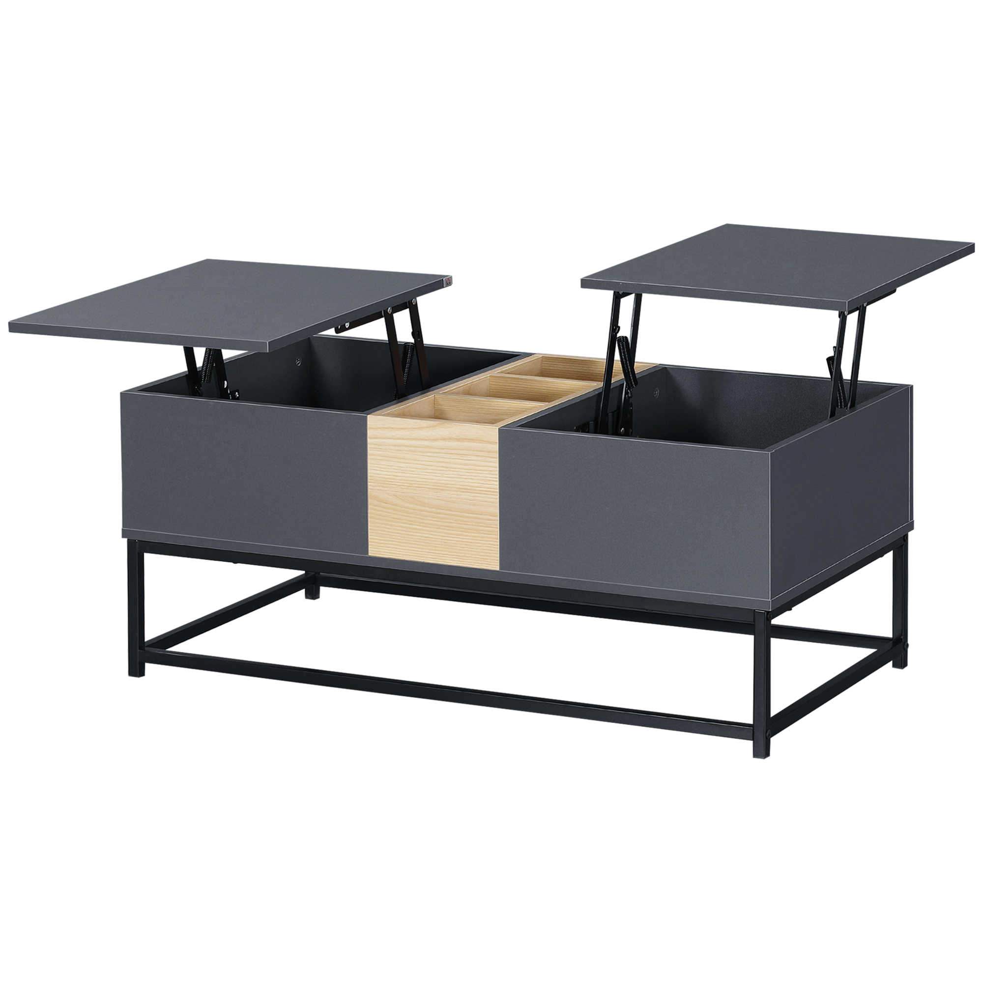 HOMCOM Höhenverstellbarer Couchtisch mit 2 Platten, verborgenen Fächern und offenen Regalen in dunkelgrauer Holzoptik