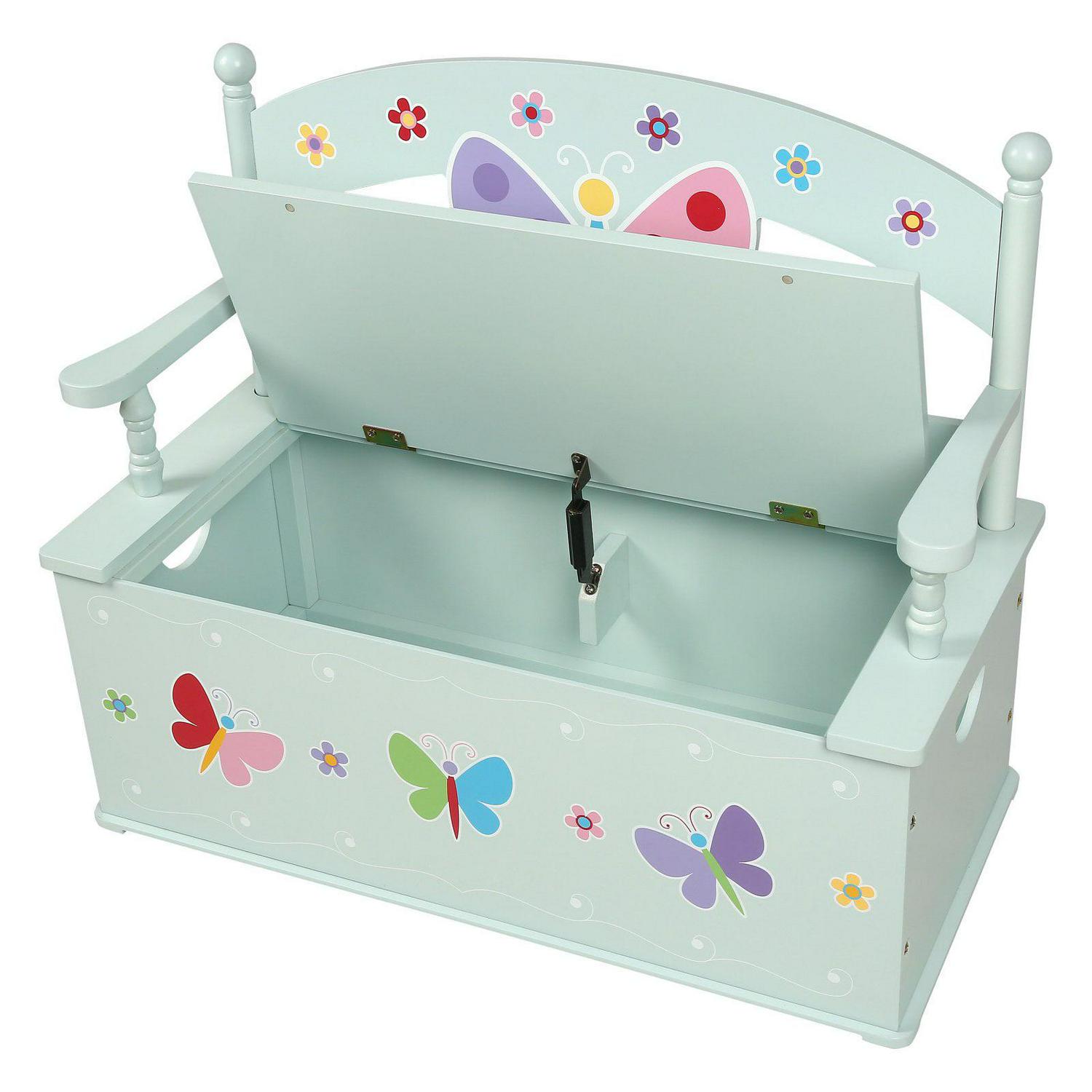 Wildkin Butterfly Garden Bench with Storage, Blue &ndash; Whimsical Design, Safety Hinge, Indoor Use