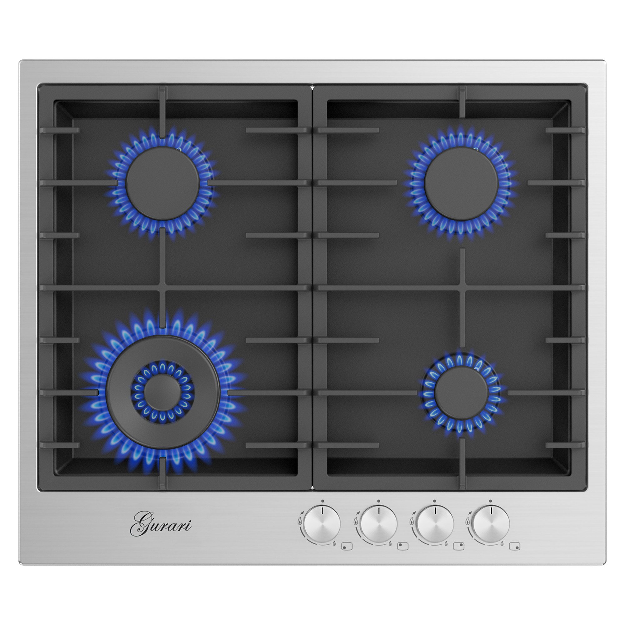 Gas-Kochfeld TX604VTGL 60 cm, Edelstahl - Schwarz 4,0 KW WOK, 4 Gasbrenner, Autark