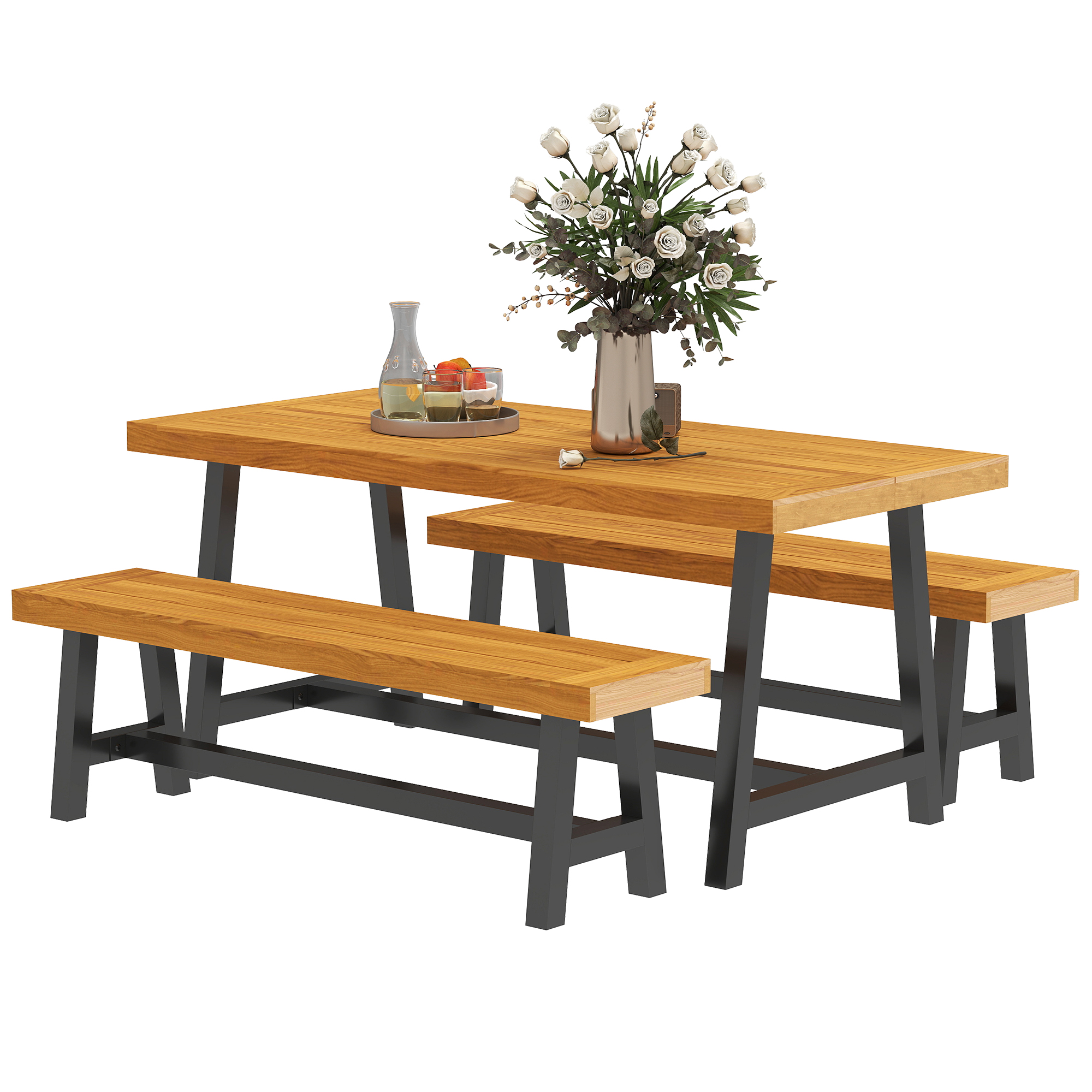 Outsunny Sitzgruppe 3-teilig Holz Essgruppe für 4 Personen Esstisch mit 2 Bänke Teak