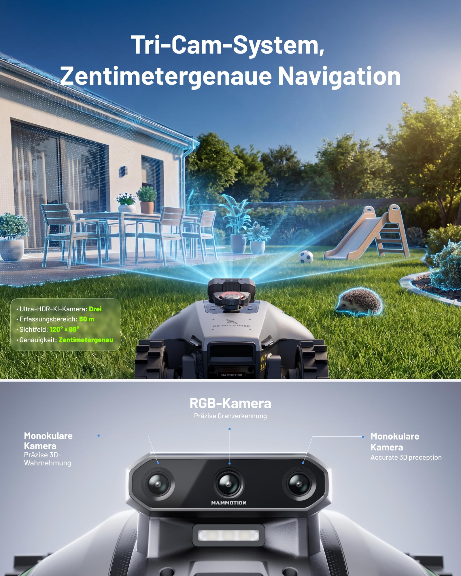 Mähroboter YUKA mini 2 500 ohne Begrenzungskabel, mit AI TrueVision, 19 cm Schnittbreite und 20-60 mm Schnitthöhe