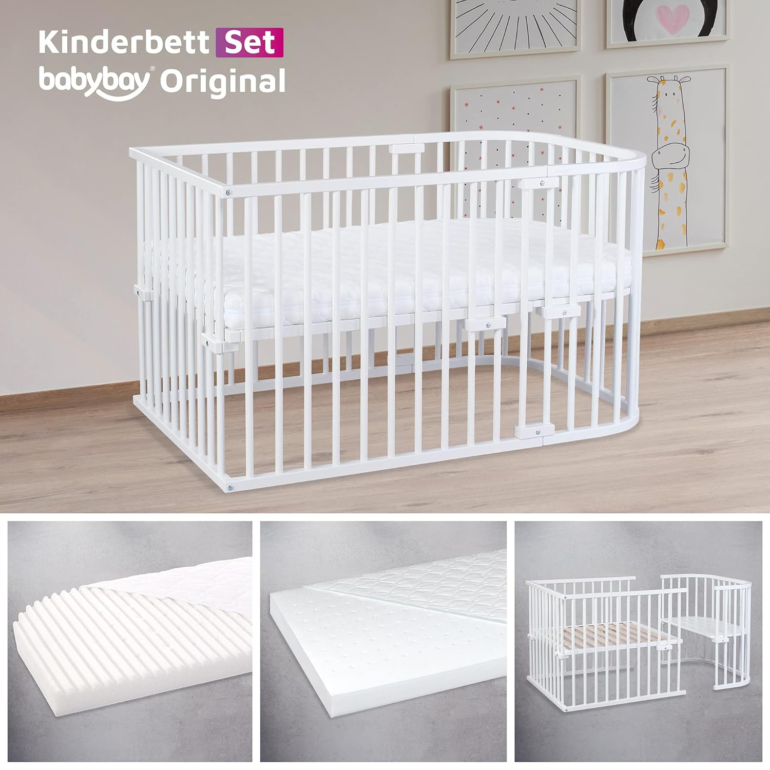 babybay Original Beistellbett aus massivem Buchenholz / kompakt & verwandelbar / Kinderbett Höhe stufenlos verstellbar & umweltfreundlich / mitwachsendes Babybett (weiß lackiert) / inkl. Matratze