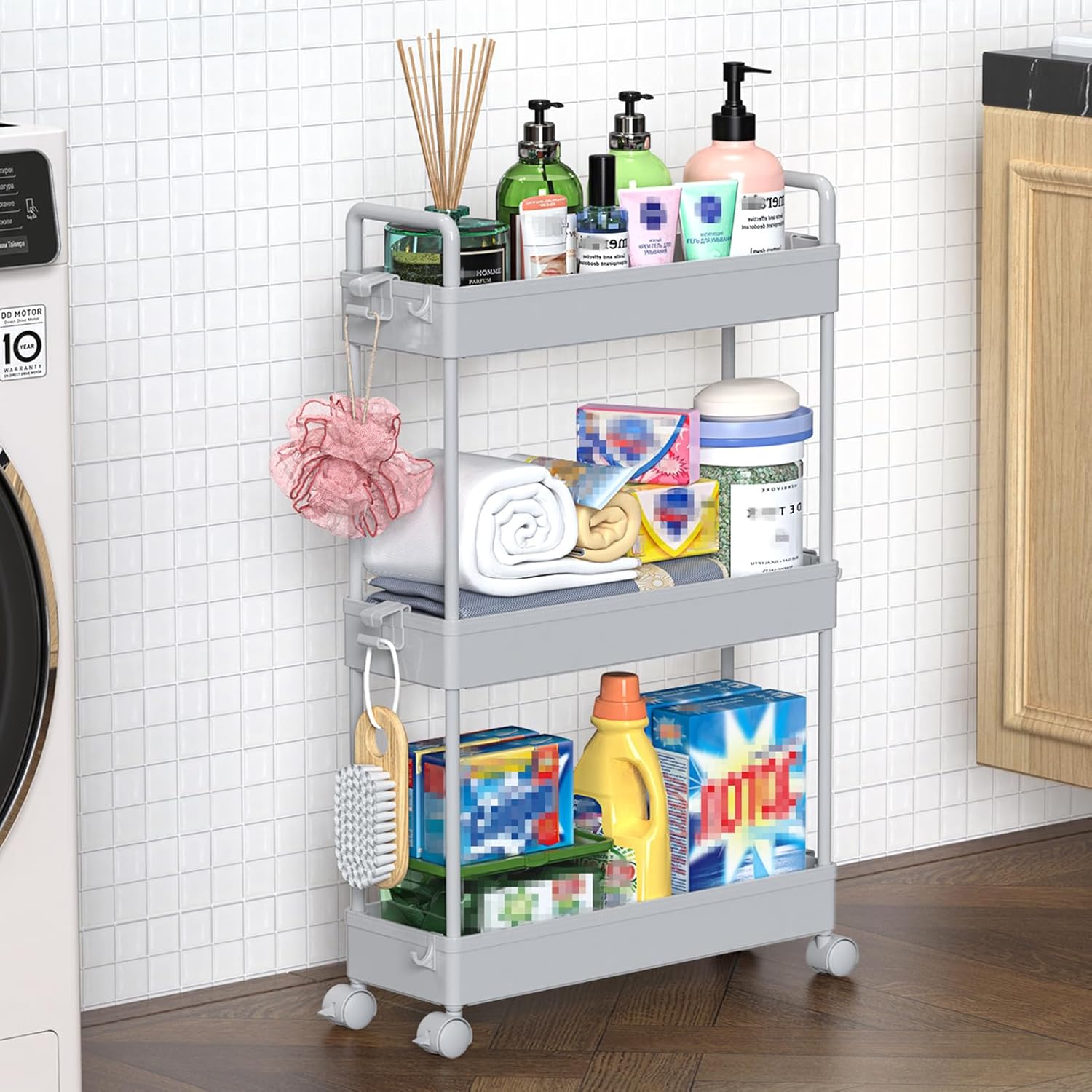 SOLEJAZZ 3 Tier Storage Cart Sliding Sliding Trolley Cart for Kitchen Bathroom Laundry Bedroom Narrow Space Plastic White