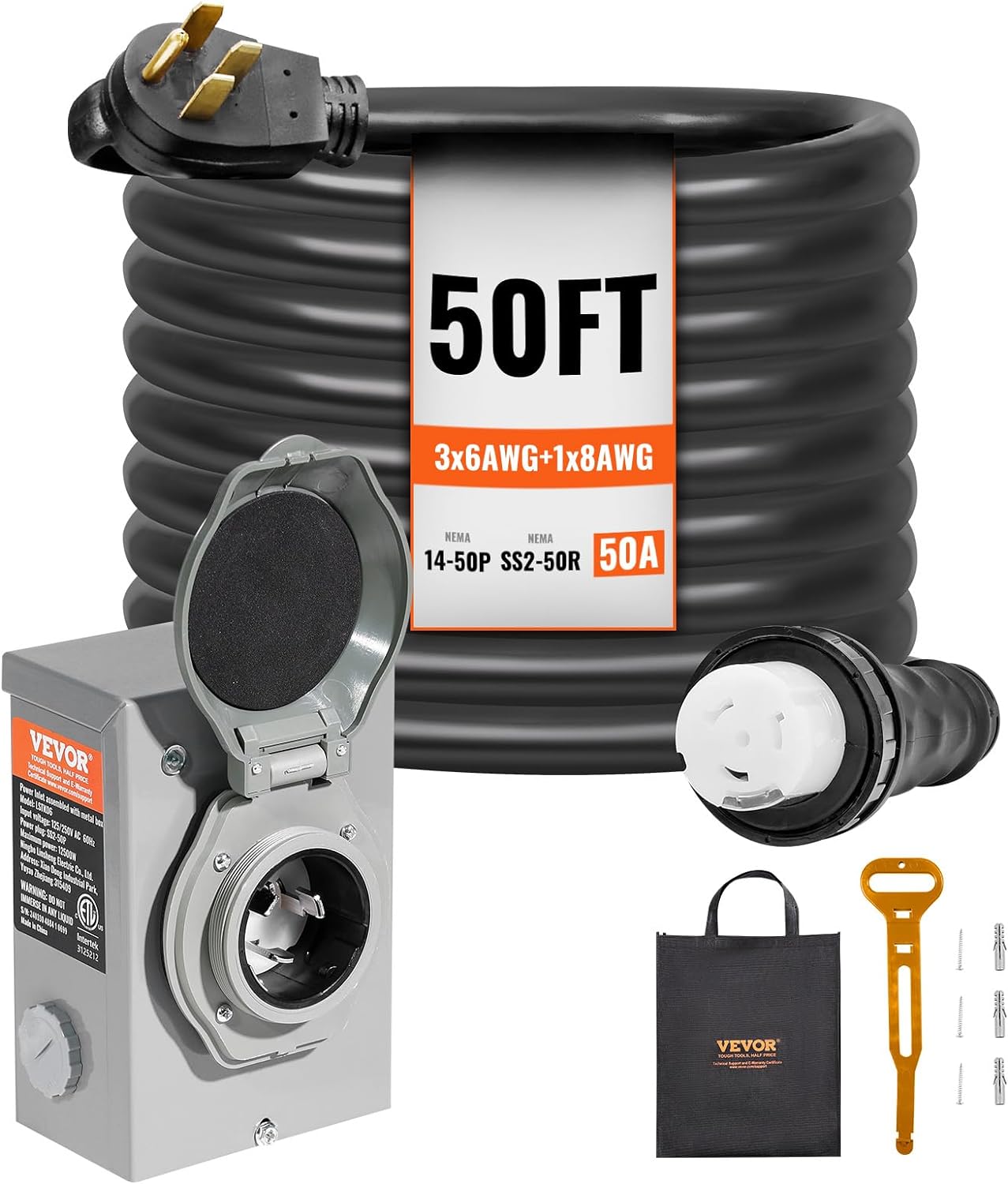 VEVOR 50 Amp Generator Cord and Power Inlet Box Kit  50FT Generator Extension Cord NEMA 14-50P/SS2-50R STW 6/3+8/1 AWG with Twist Lock Connector  Pre-Drilled Inlet Box  ETL Listed