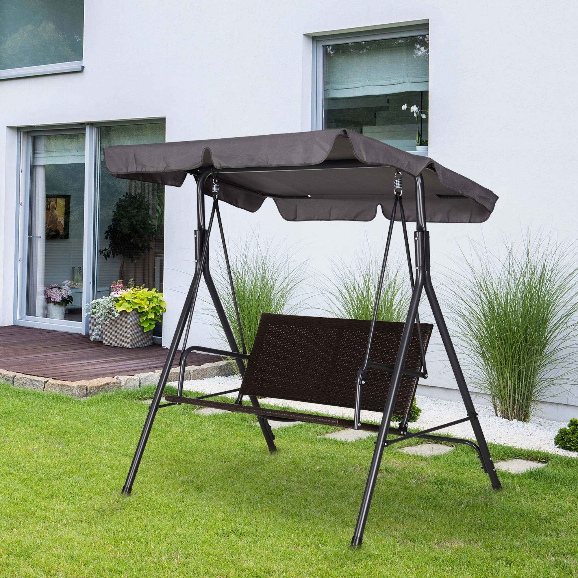 Outsunny Hollywoodschaukel, Gartenschaukel mit Baldachin, verstellbares Sonnendach, Schwarz + Braun + Grau