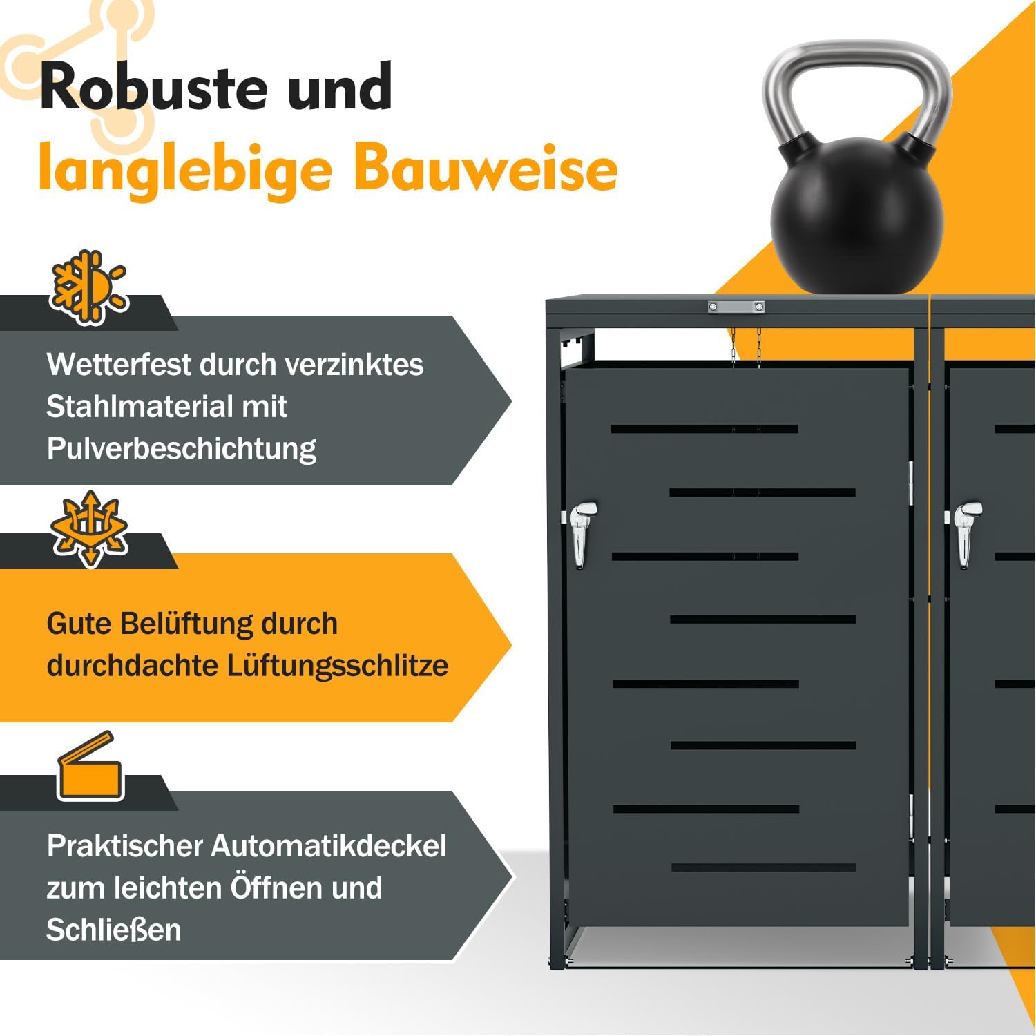 Mülltonnenbox 4er für 120L/240L, Mülltonnenverkleidung aus Pulverbeschichtetem Metall, Abschließbar, Wetterfest, mit Gasdruckdämpfern, Anthrazit