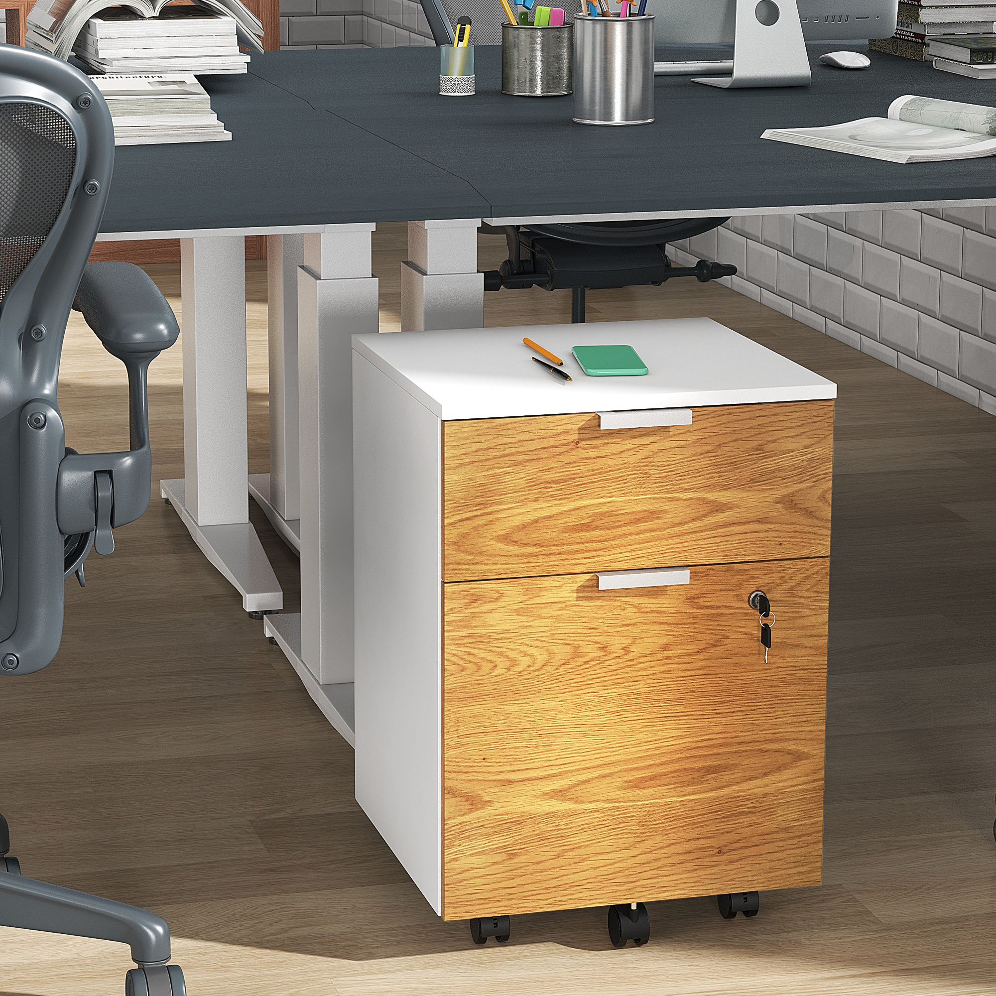 HOMCOM Büroschublade, Aufbewahrungsschrank 2 Schubladen 2 Aufhängestangen für Hängeregistratur, abschließbar mit 2 Schlüsseln 42x40x60 cm