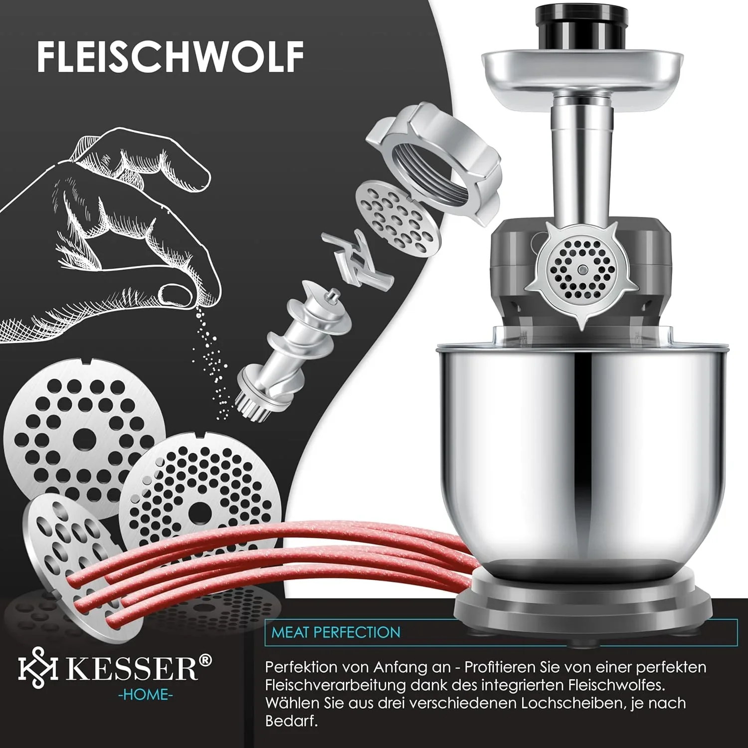 KESSER? 3 in 1 Universal K��chenmaschine K-KM 3000 mit Fleischwolf Knetmaschine Multifunktionale R��hrmaschine 5,5L Sch��ssel mit 3 R��hrwerkzeuge, 1,5L Entsafter, Zubeh?r-Set, Pasta & Geb?ckformen