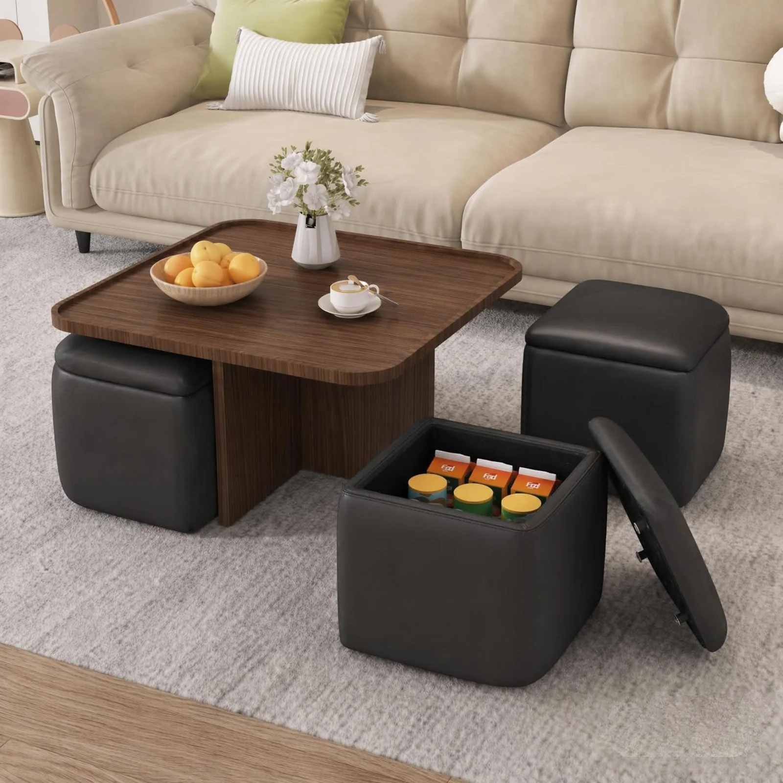 Runder Couchtisch mit 4 Hockern & Stauraum, 80 cm, platzsparend