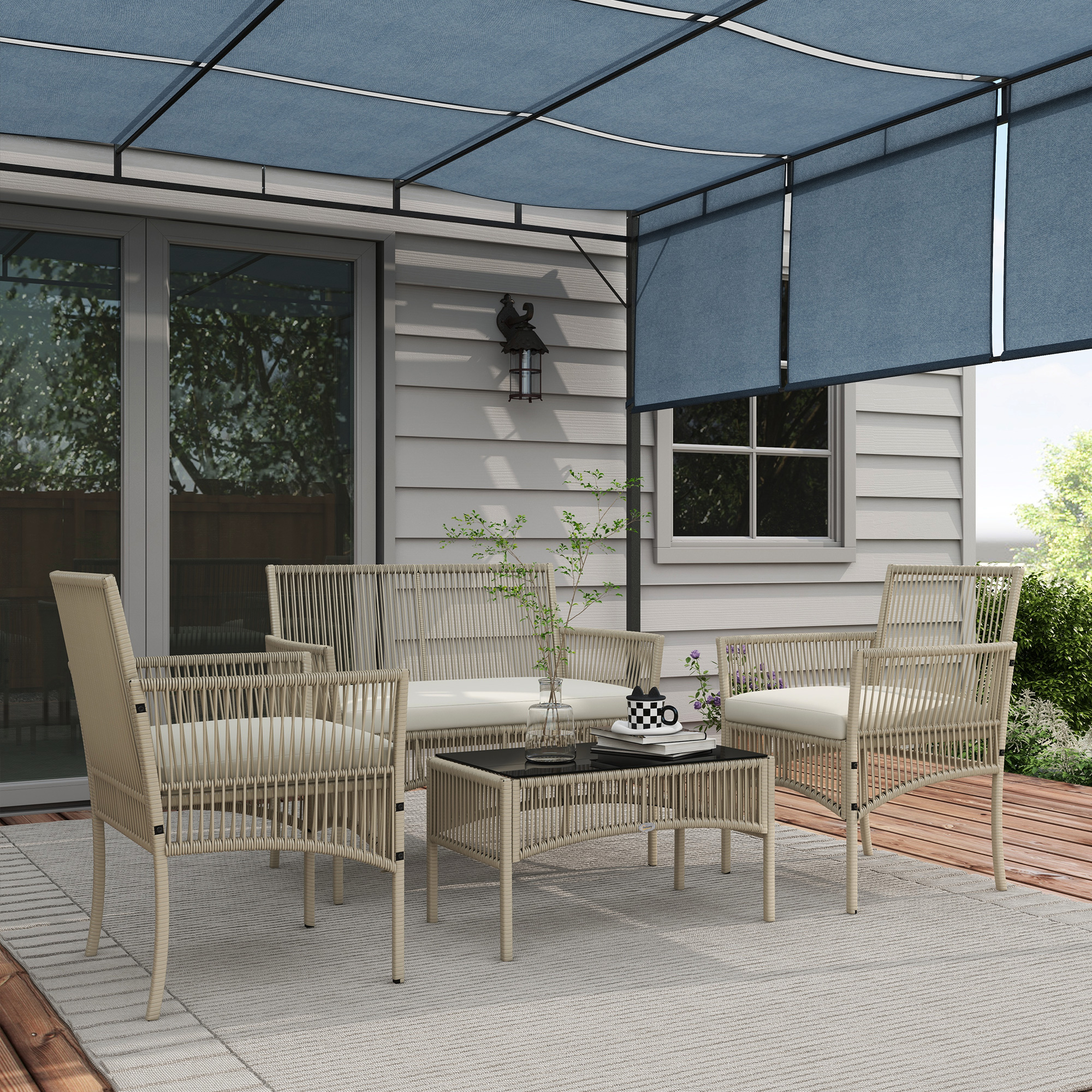 Outsunny 4-teiliges Gartenmöbel-Set 2-Sitzer-Sofa 2 Sessel 1 Couchtisch mit gehärteter Glasplatte