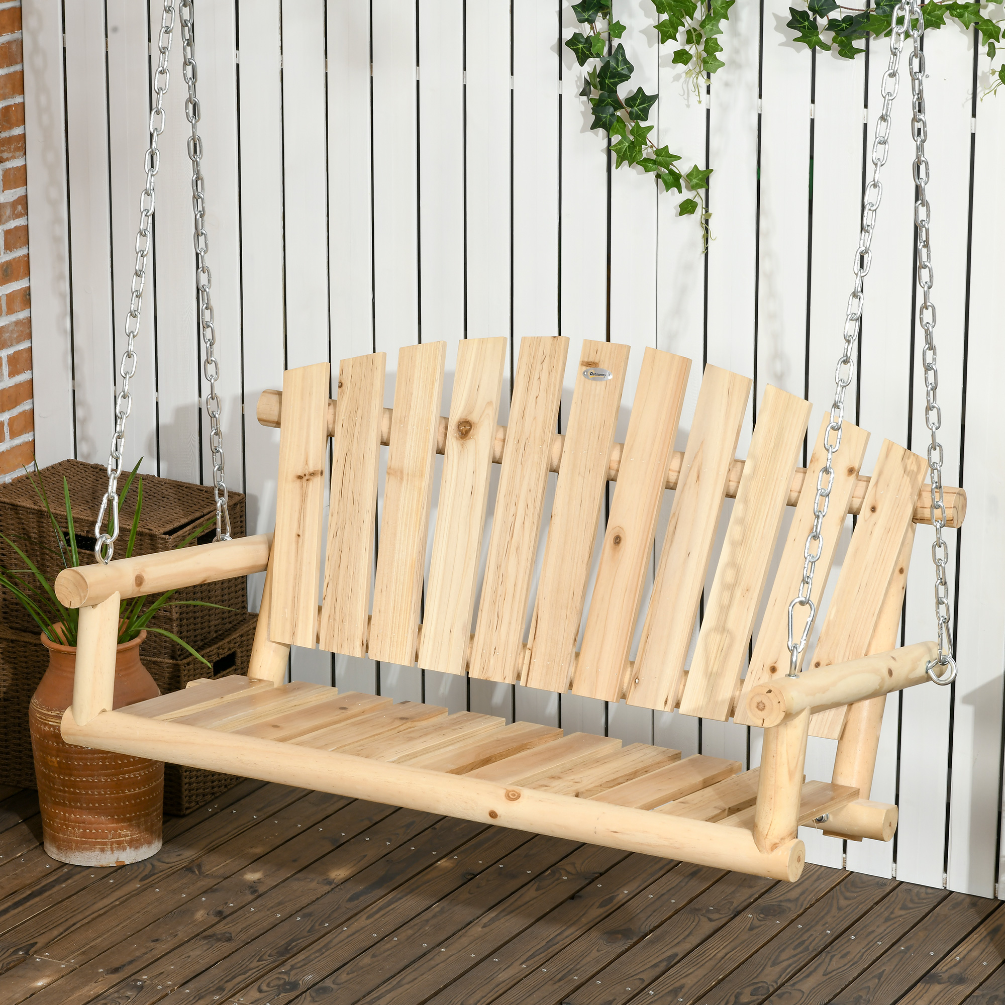 Outsunny Hängeschaukel Gartenbank 2 Personen aus massivem Holz mit Lamellensitz und -rückenlehne, mit Ketten natürlich