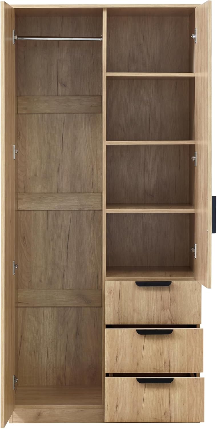 [en.casa] Wardrobe for Bedroom Closet with Doors 4 Compartments Coat Rack 3 Drawers 176 x 80 x 52 cm Oak Effect