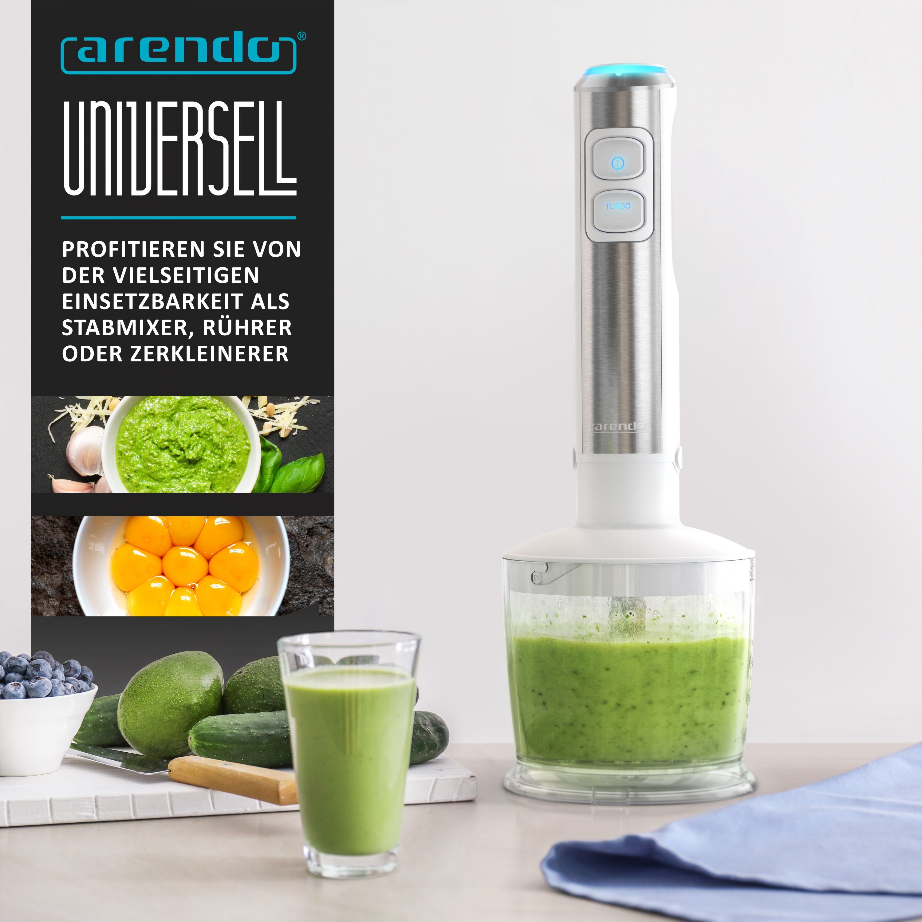Stabmixer Edelstahl Pürierstab Set mit Zerkleinerer & Messbecher, Handmixer