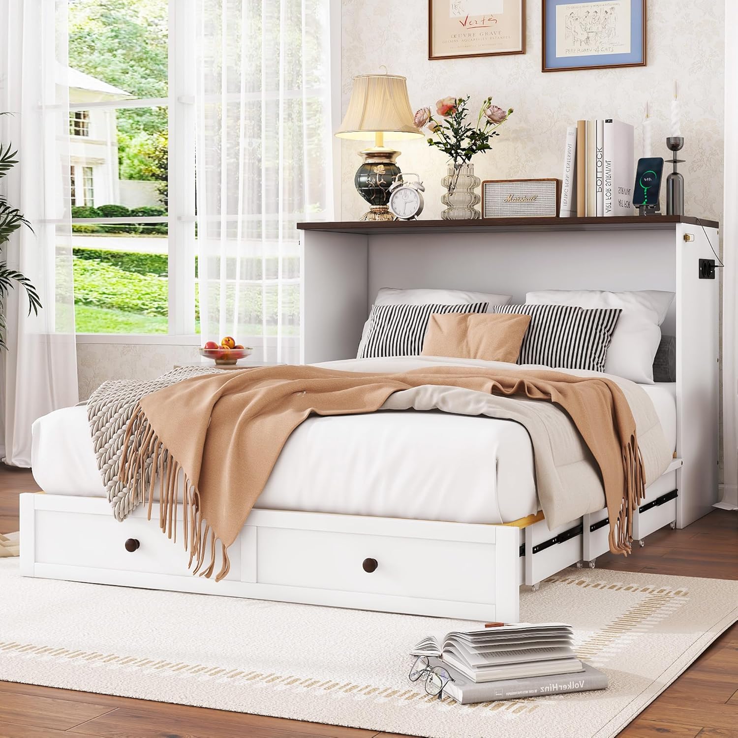 Schrankbett, 140 x 200, Mobiles Schrankbett mit Schubladen am Bettende und Regal am Kopfende des Bettes, mit USB und Steckdose, Umbaubares Plattformbett, Ohne Matratze, weiß